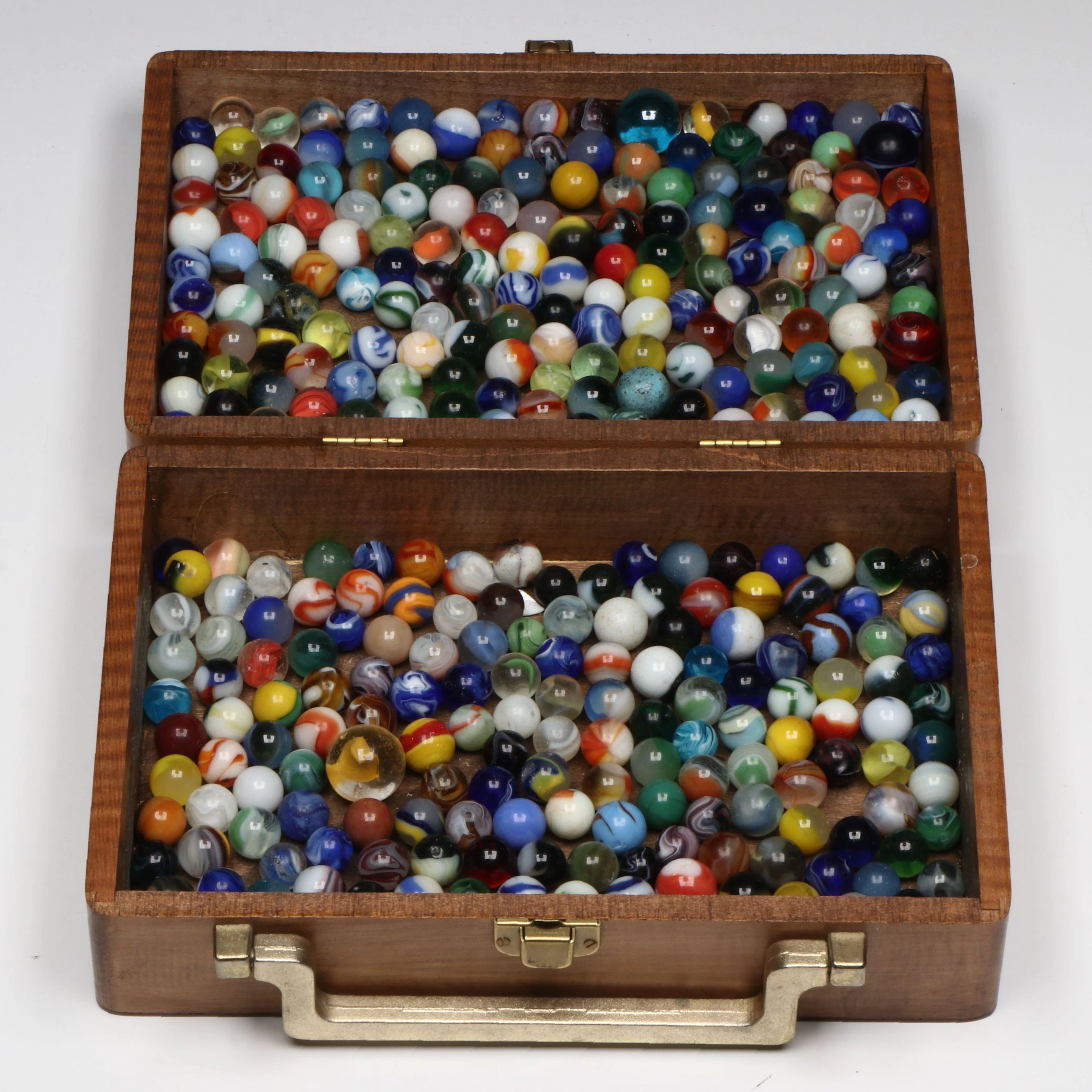 Uranium Glass, Swirl, and More Marbles with Wooden Case