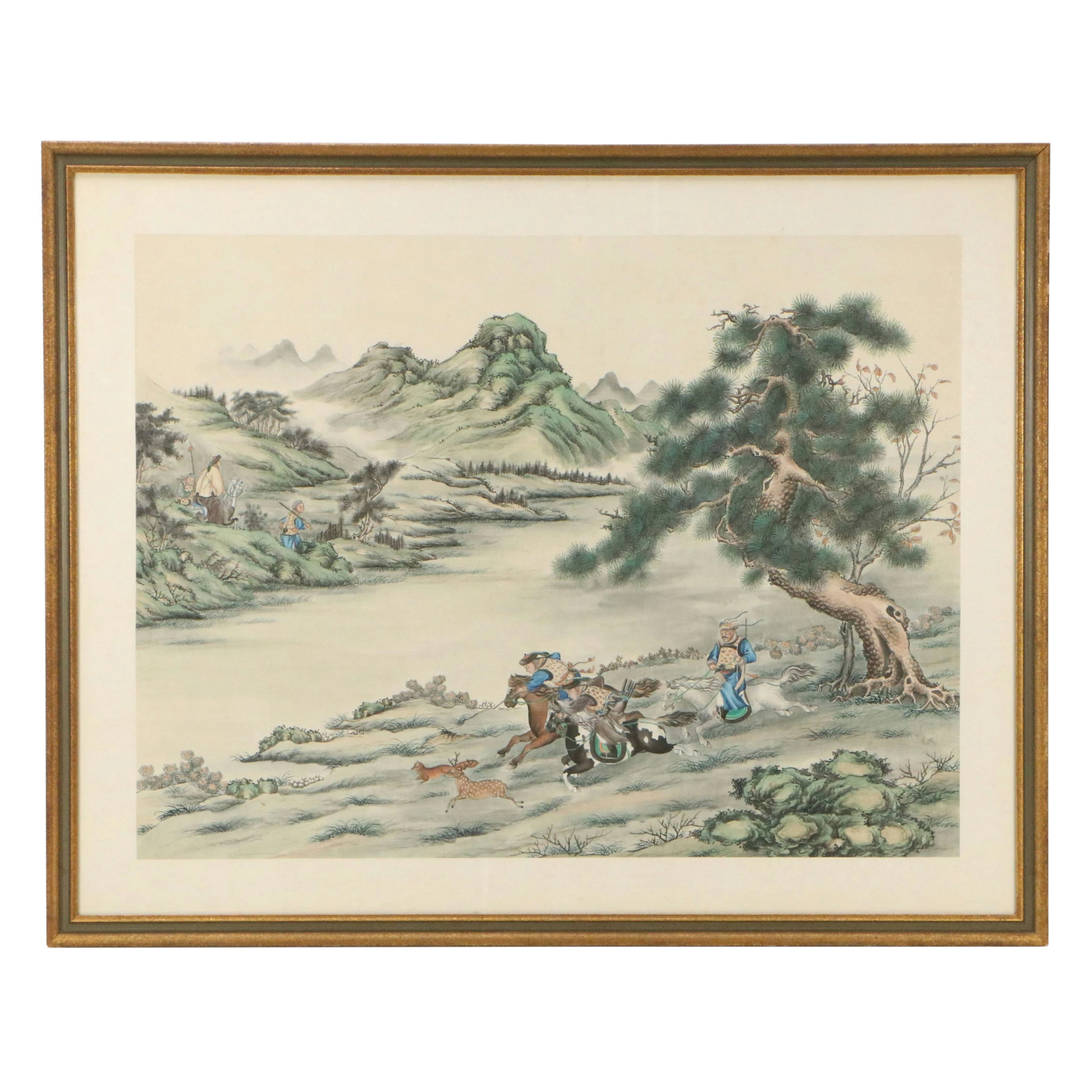 Won Tai Chinese Landscape Gouache Painting of Hunting Scene, 20th Century