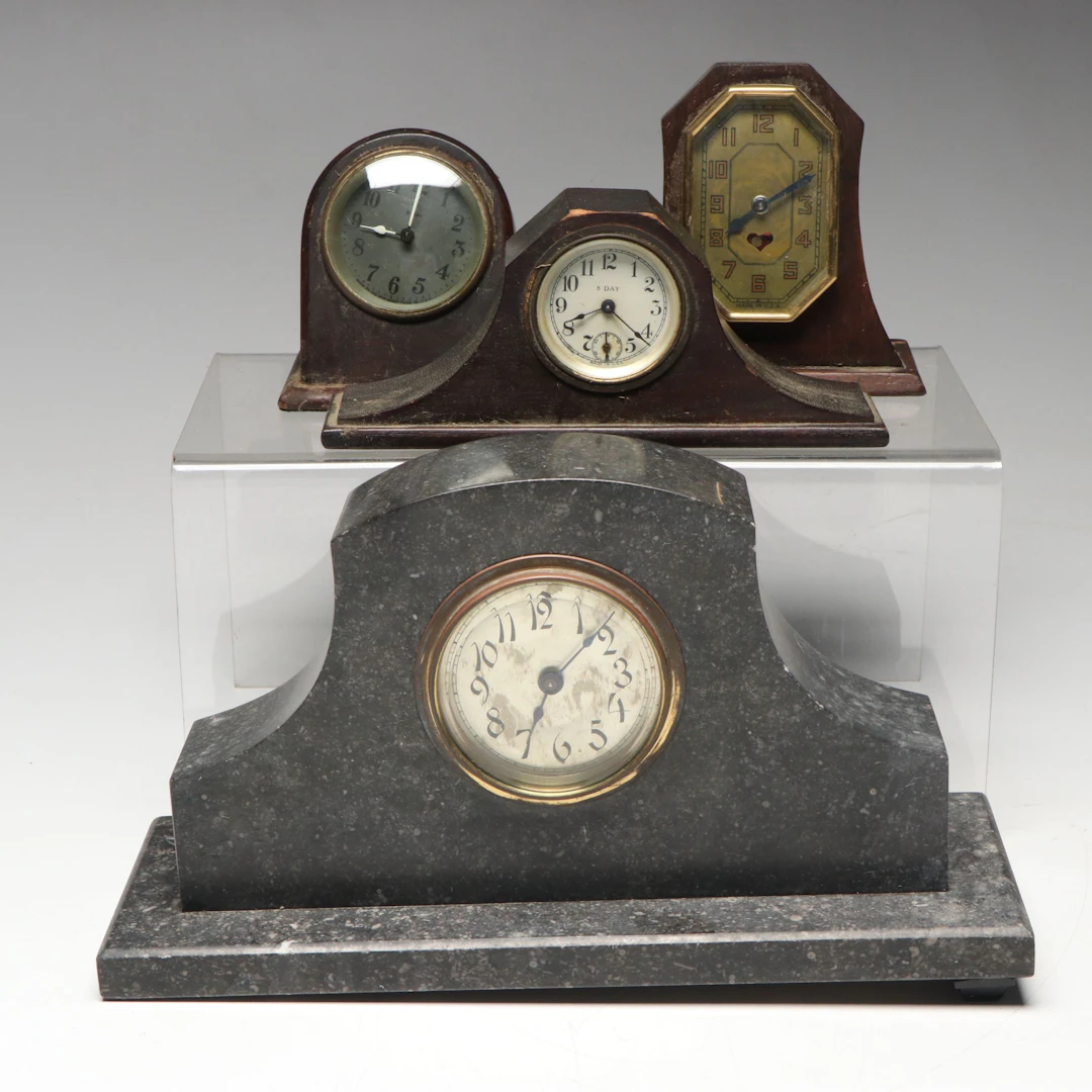 Art Deco Style Wooden and Stone Tambour and Other Mantel Clocks