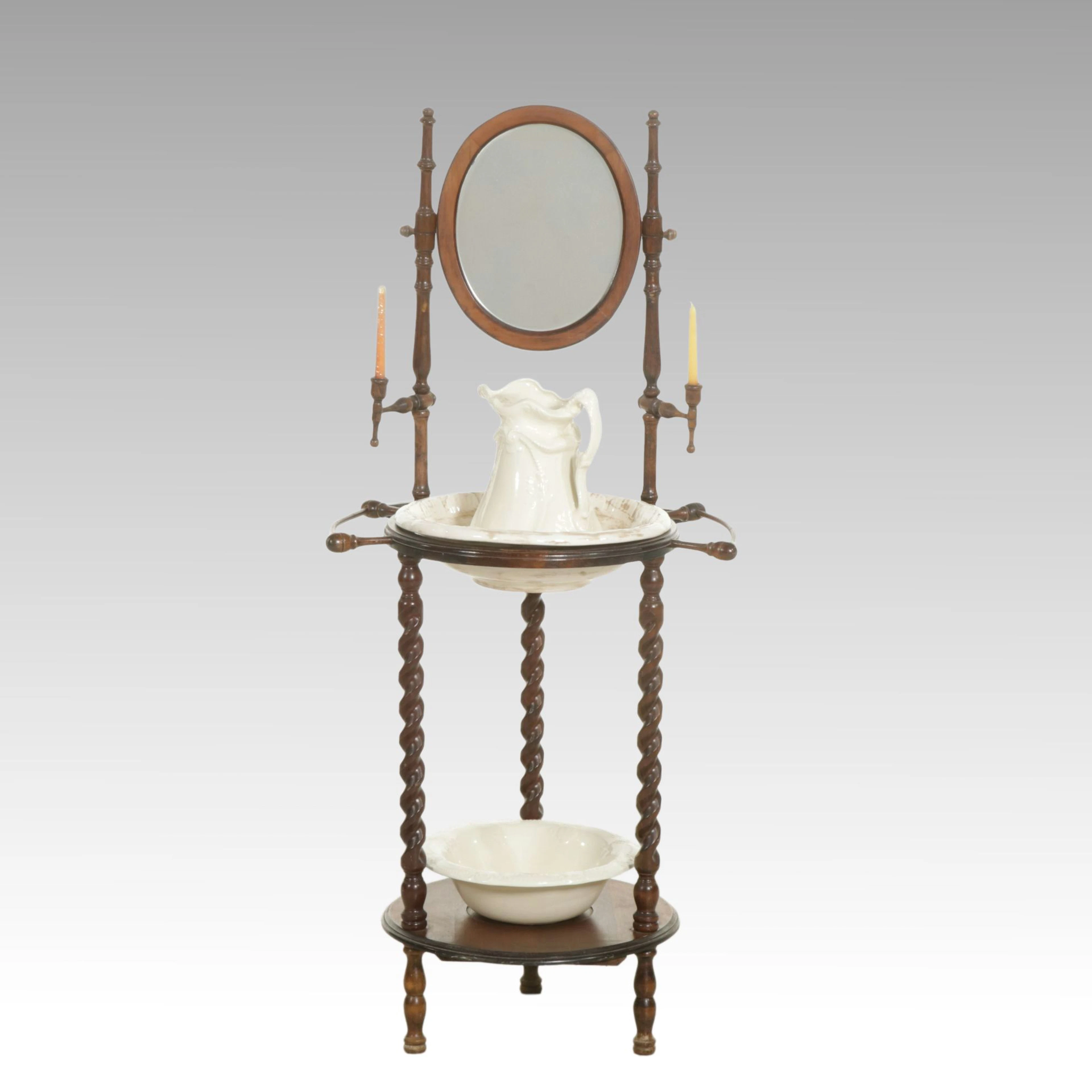 Victorian Wash Stand with Ceramic Pitcher and Basin, Late 19/Early 20th Century