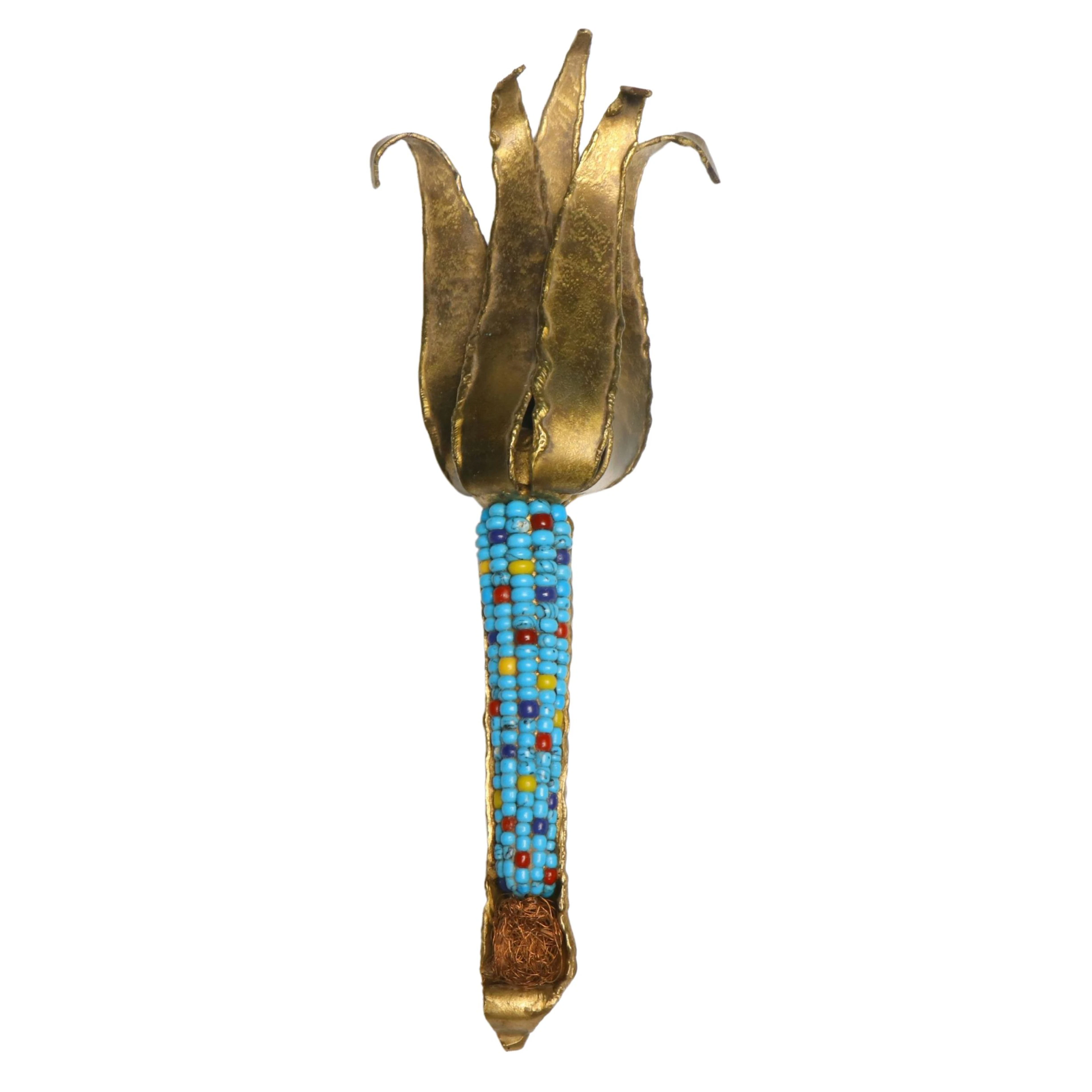 Charles Pratt Native American Brass and Multicolor Glass Corn Sculpture