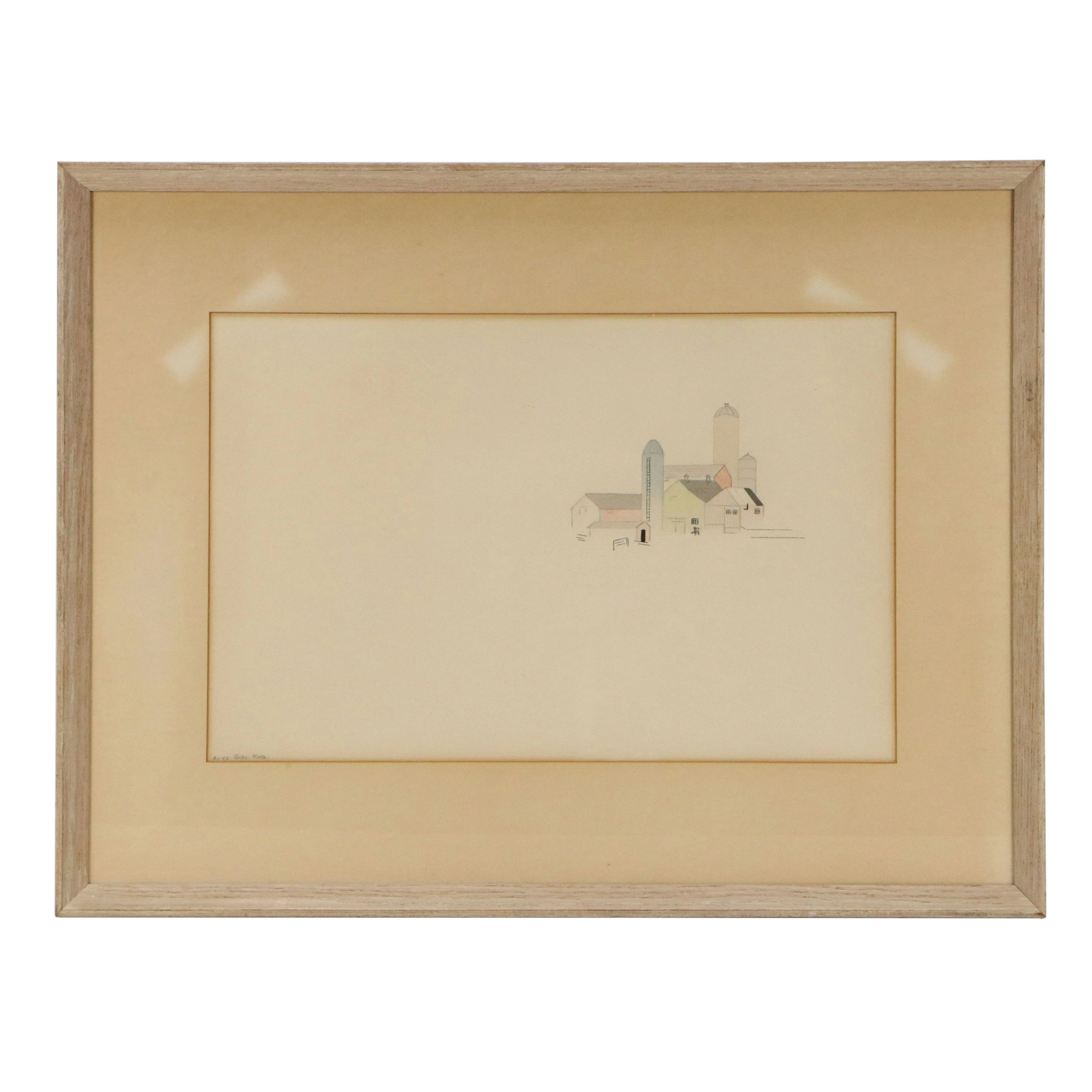 Alice Gore King Minimalist Watercolor Painting of Farm, Mid to Late