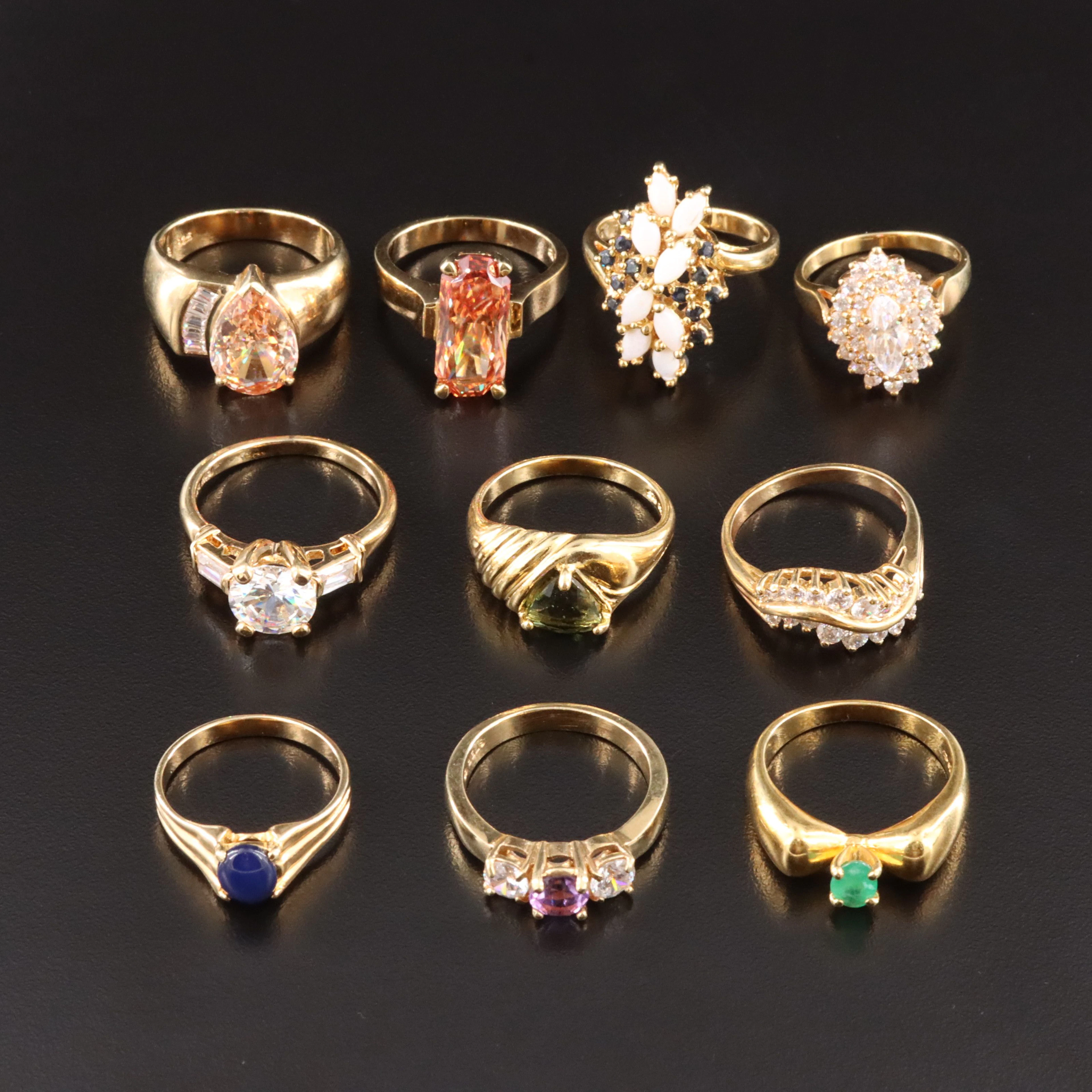 Sterling Gold Tone Ring Selection Featuring Moldavite, Emerald and Amethyst