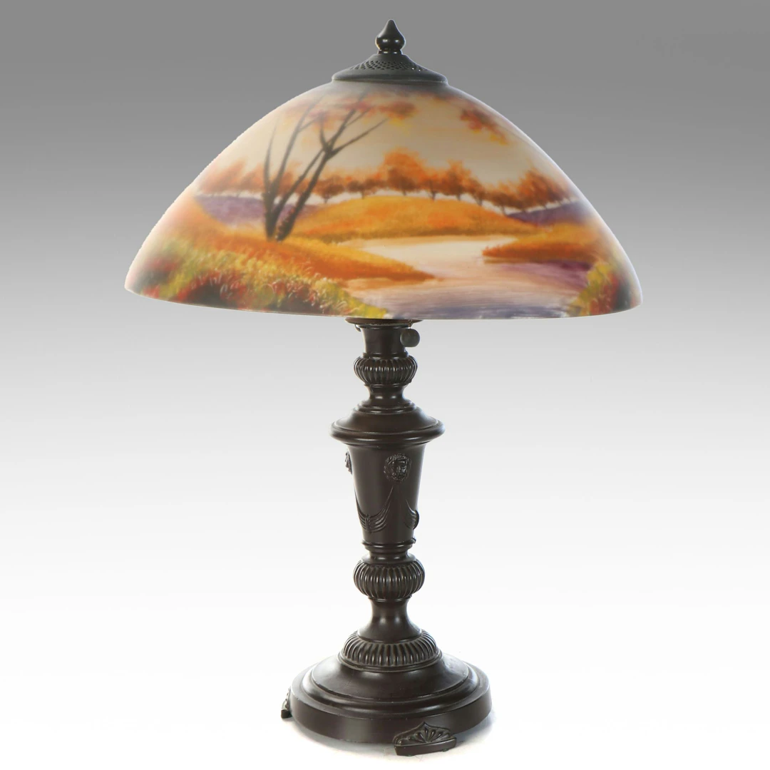 Bronzed Metal Table Lamp with Reverse-Painted Shade, Vintage