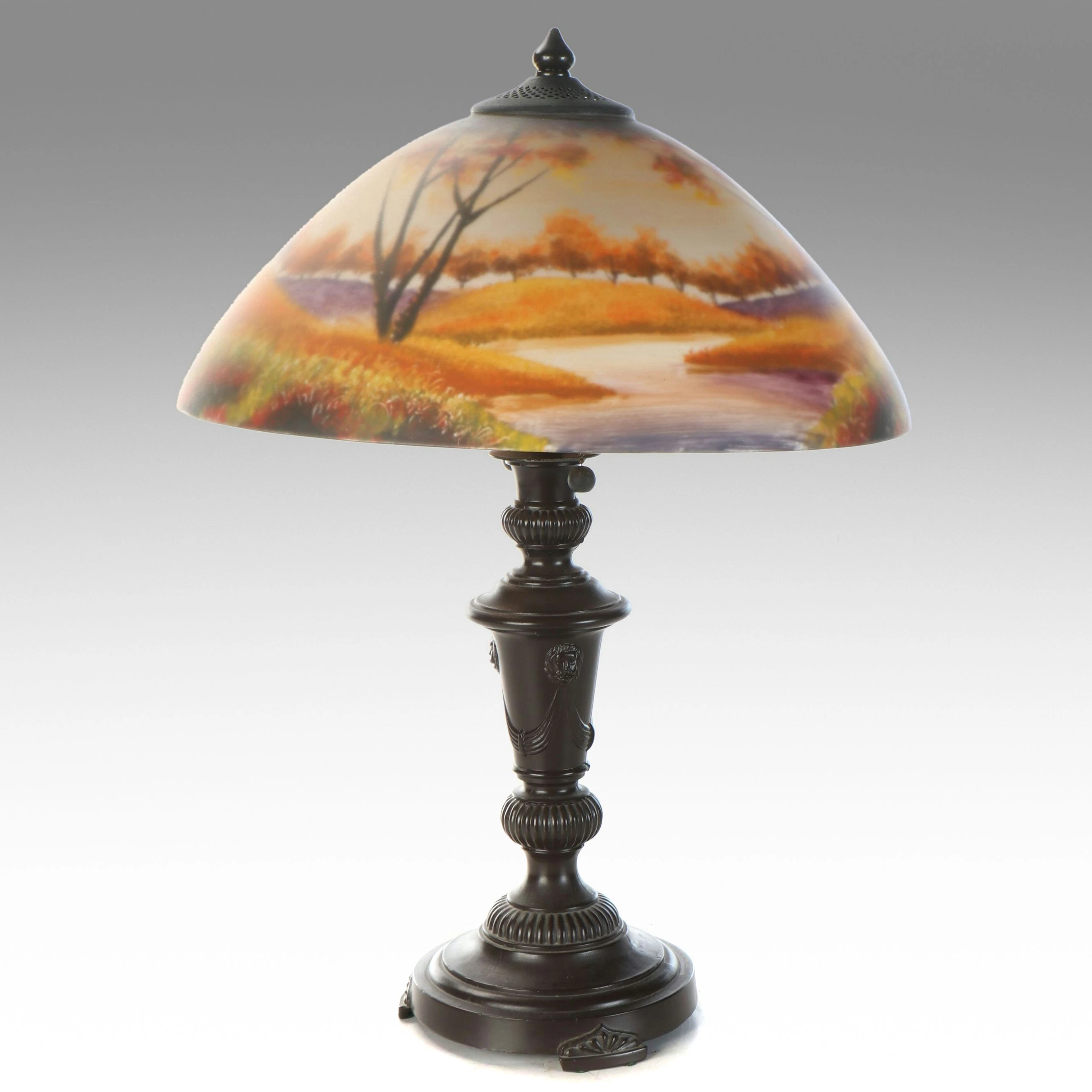 Bronzed Metal Table Lamp with Reverse-Painted Shade, Vintage