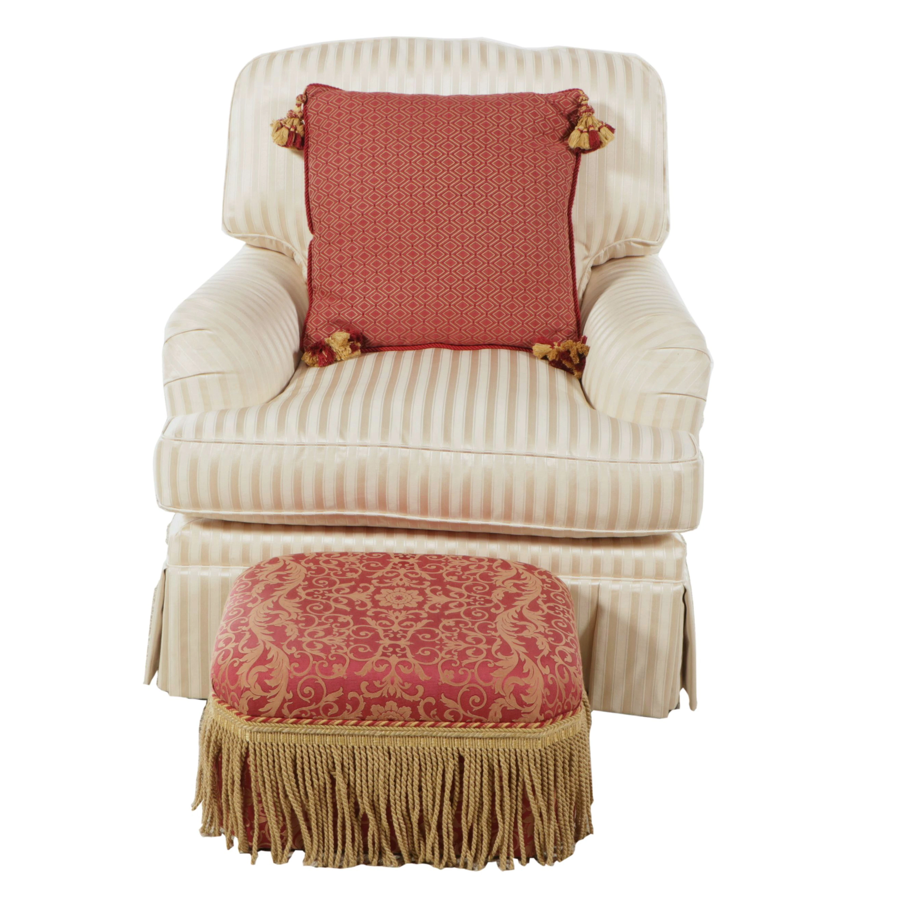 Edwardian Style Upholstered Armchair with Damask Upholstered Ottoman