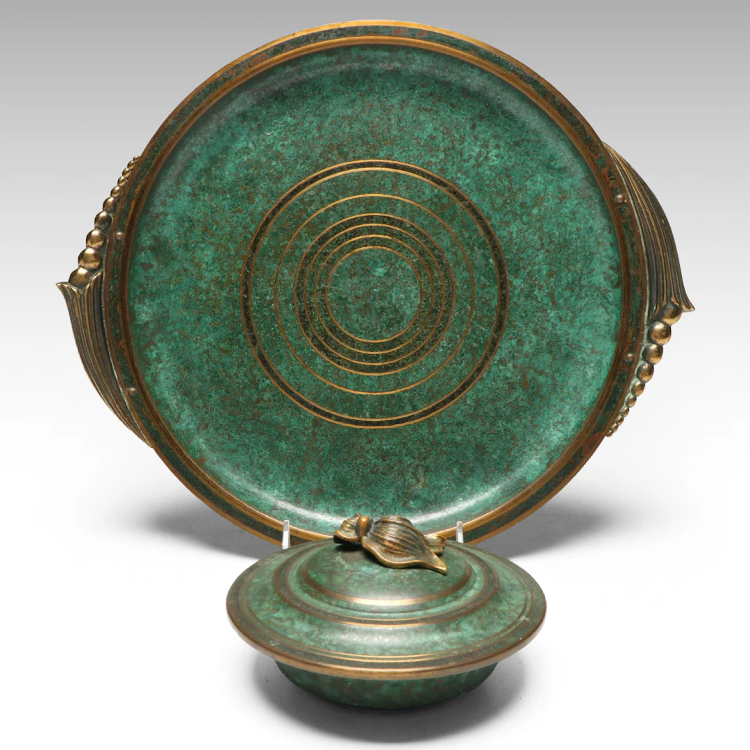 Art Deco Carl Sorensen Verdigris Bronze Tray and Lidded Dish, 20th Century