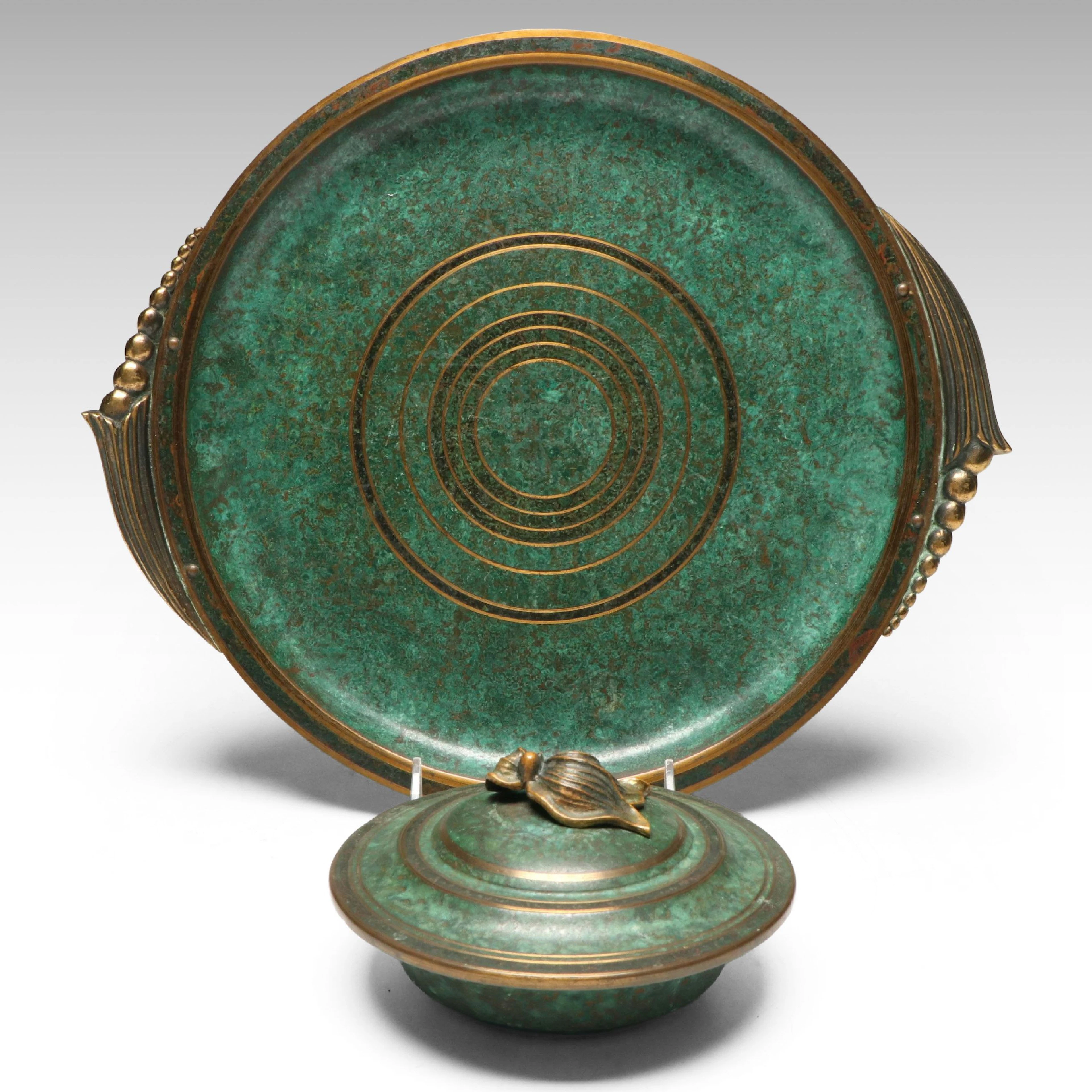 Art Deco Carl Sorensen Verdigris Bronze Tray and Lidded Dish, 20th Century