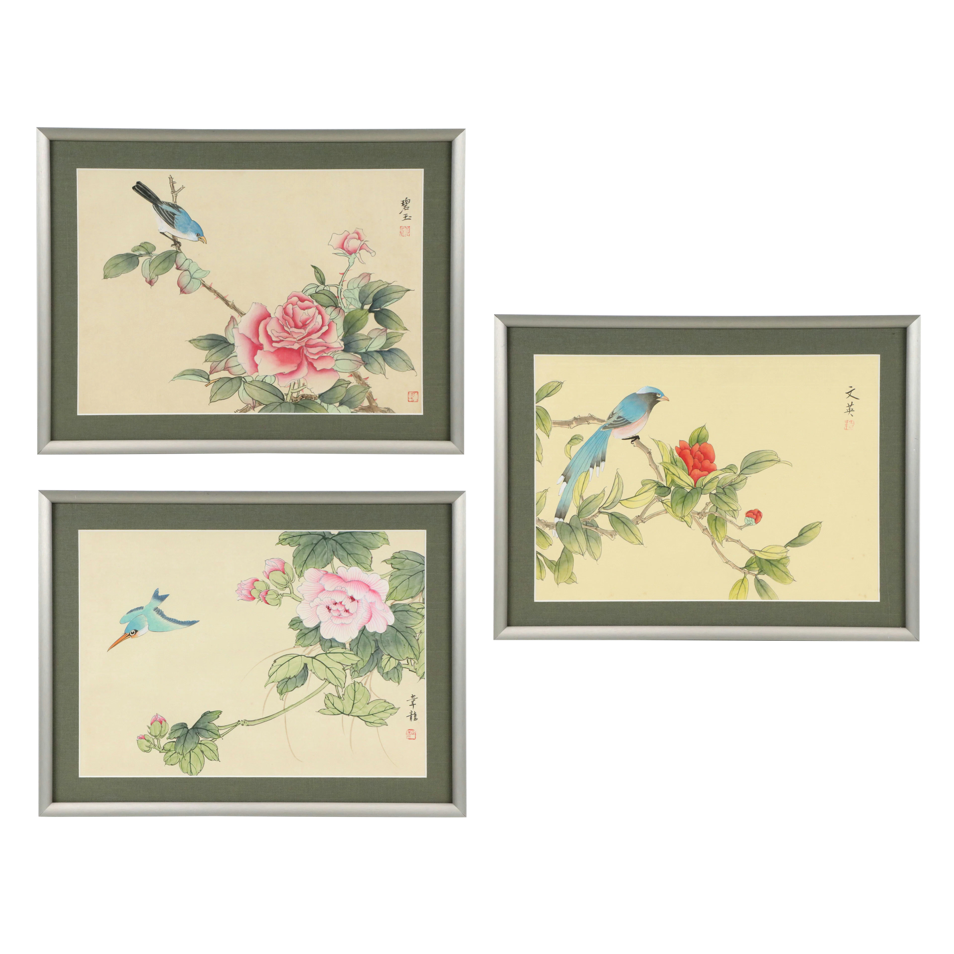 Chinese School Watercolor Paintings of Blue Birds and Flowers