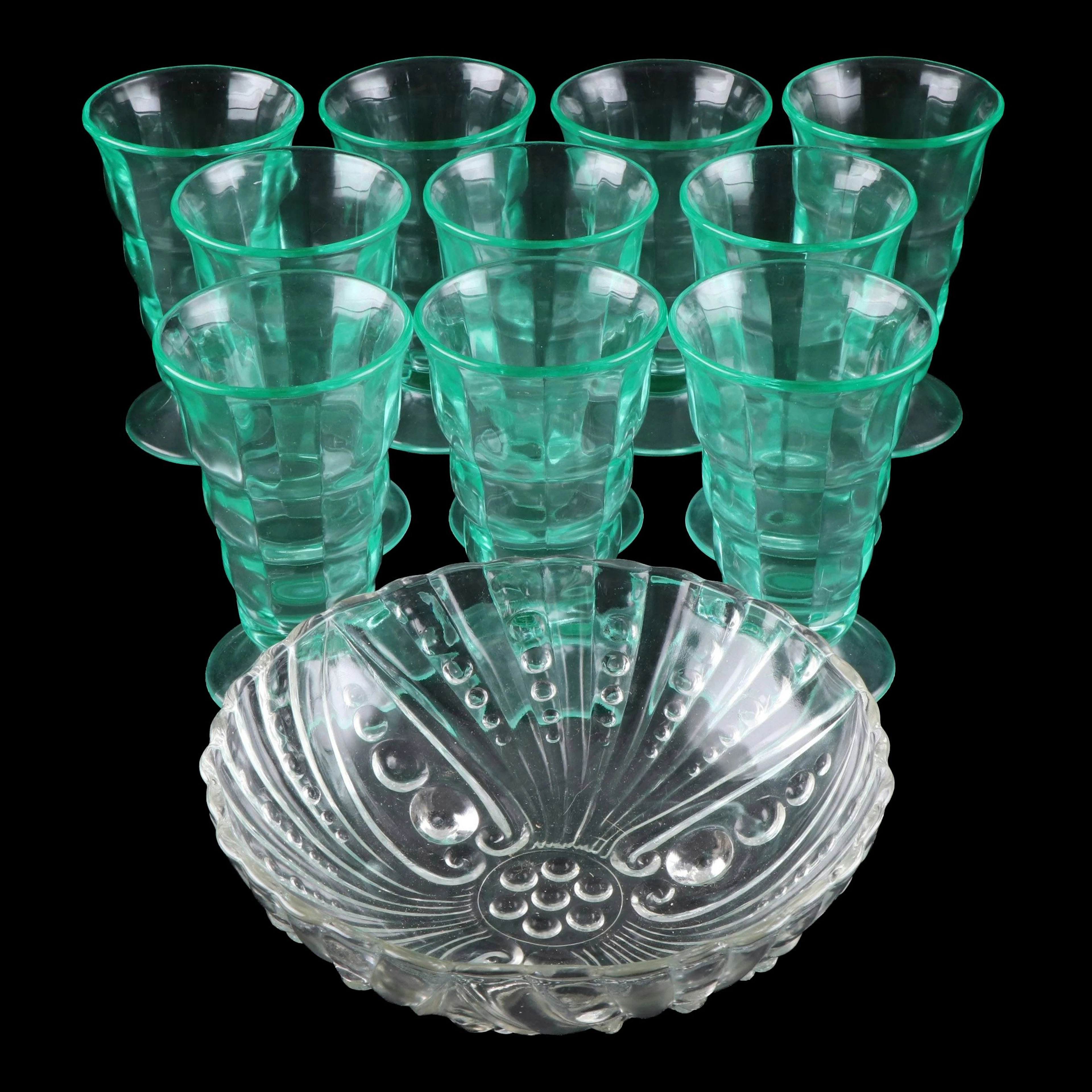 Paden City "Party Line" Green Depression Glass Tumblers and Anchor Hocking Bowl