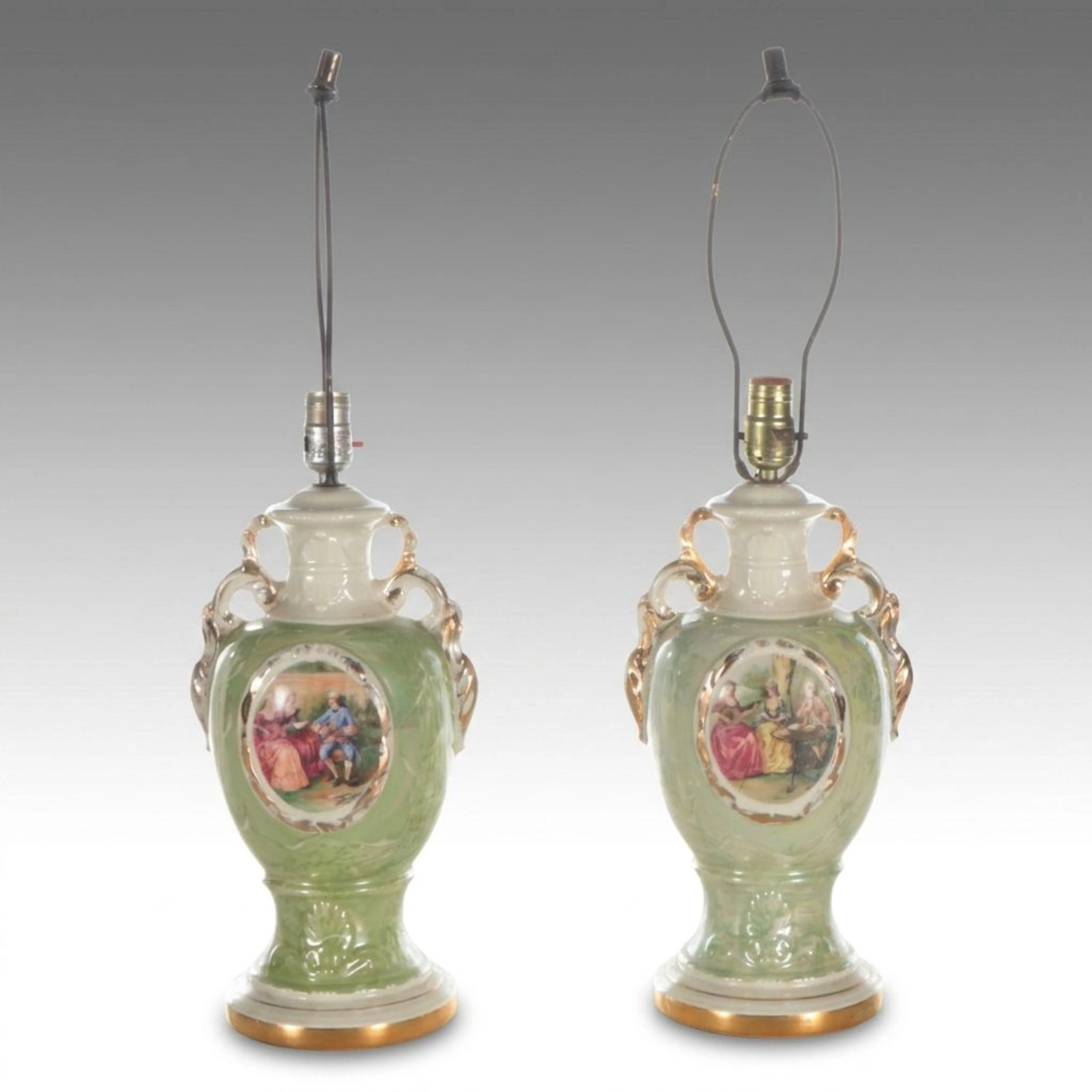 After Fragonard M. Langbrock Victorian Style Transfer-Print Ceramic Table Lamps