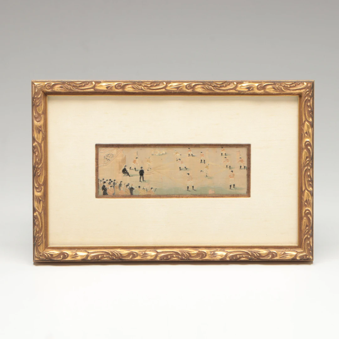 "The First Innings" Woven Silk Stevengraph in Giltwood Frame, Antique