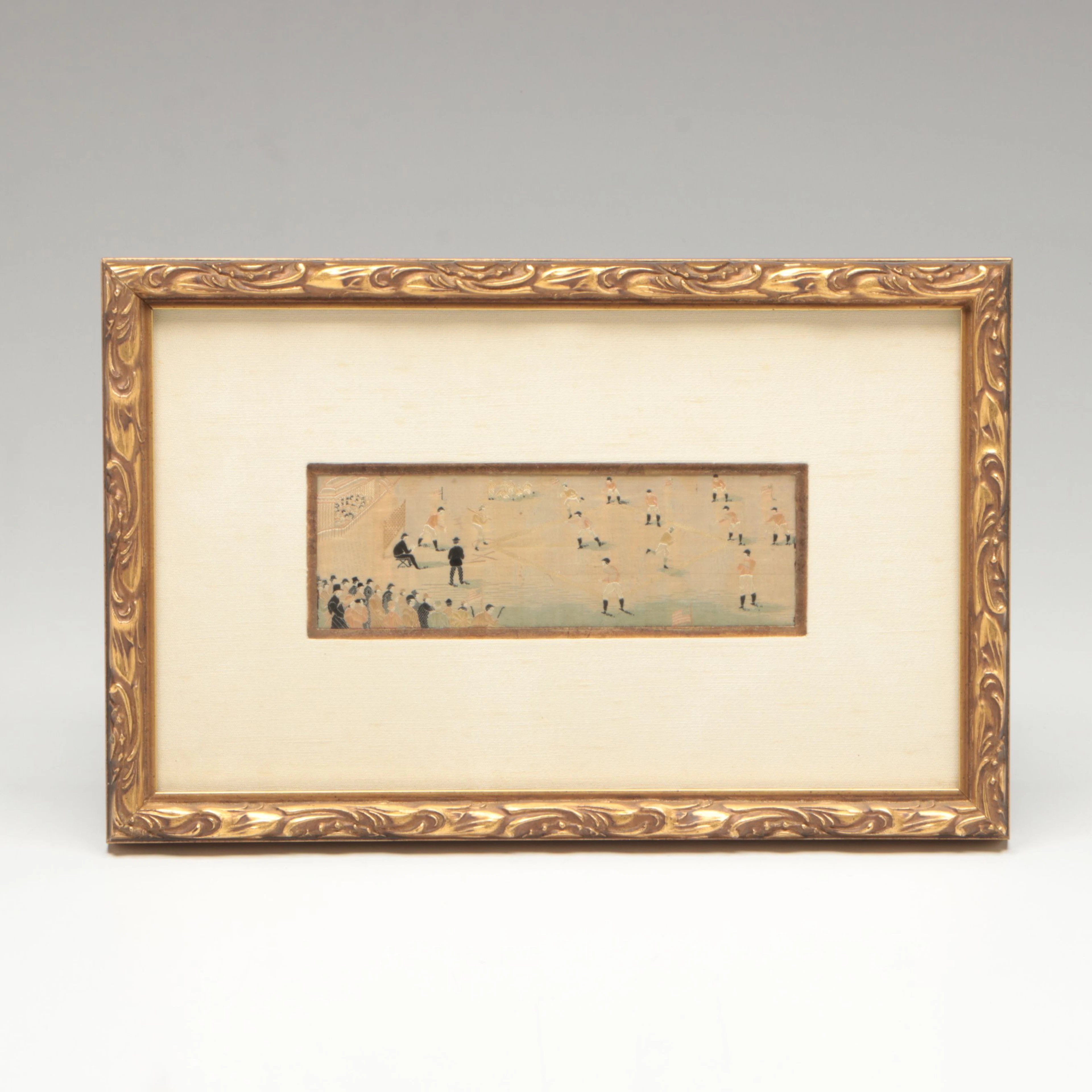 "The First Innings" Woven Silk Stevengraph in Giltwood Frame, Antique