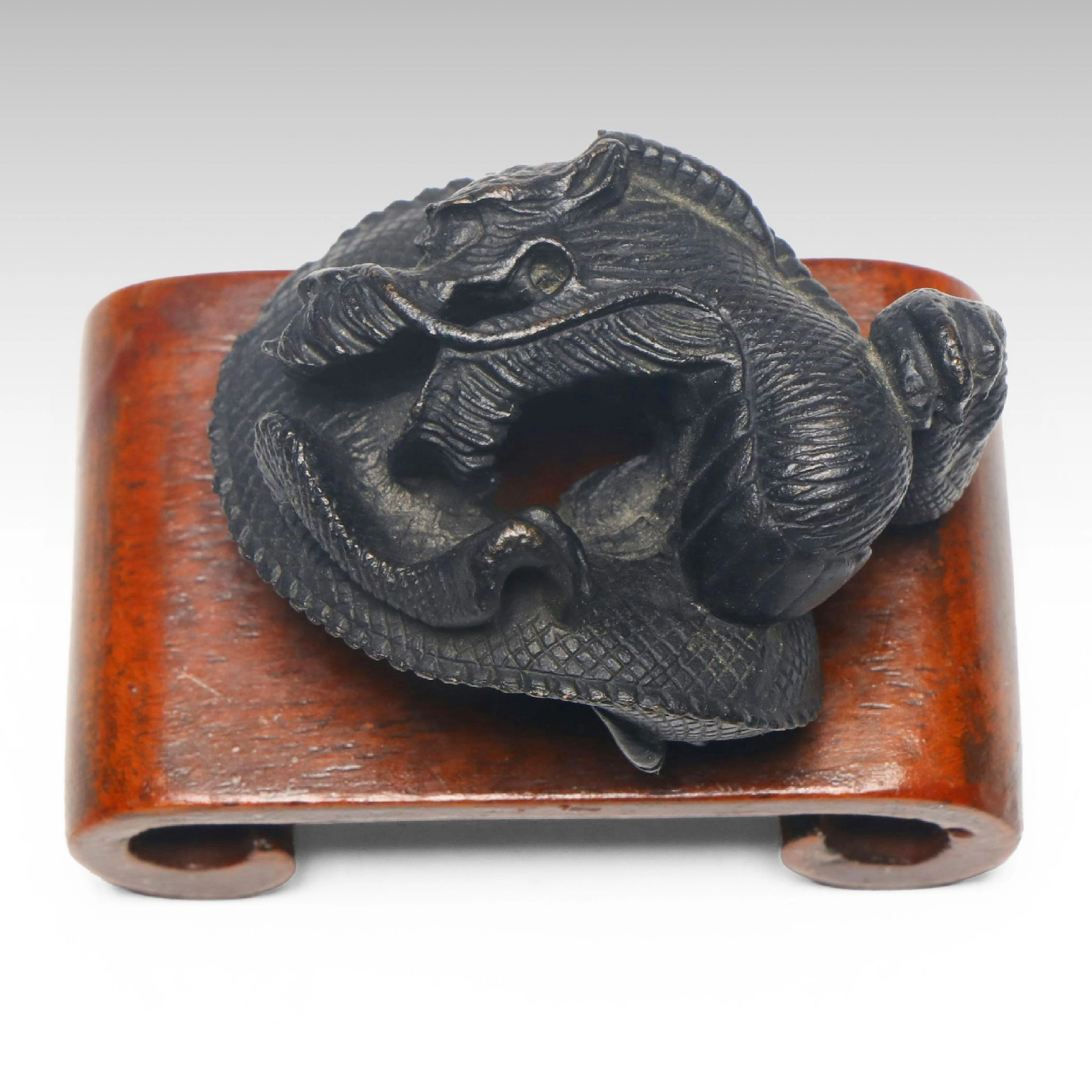 Japanese Metal Dragon Netsuke on Wooden Stand
