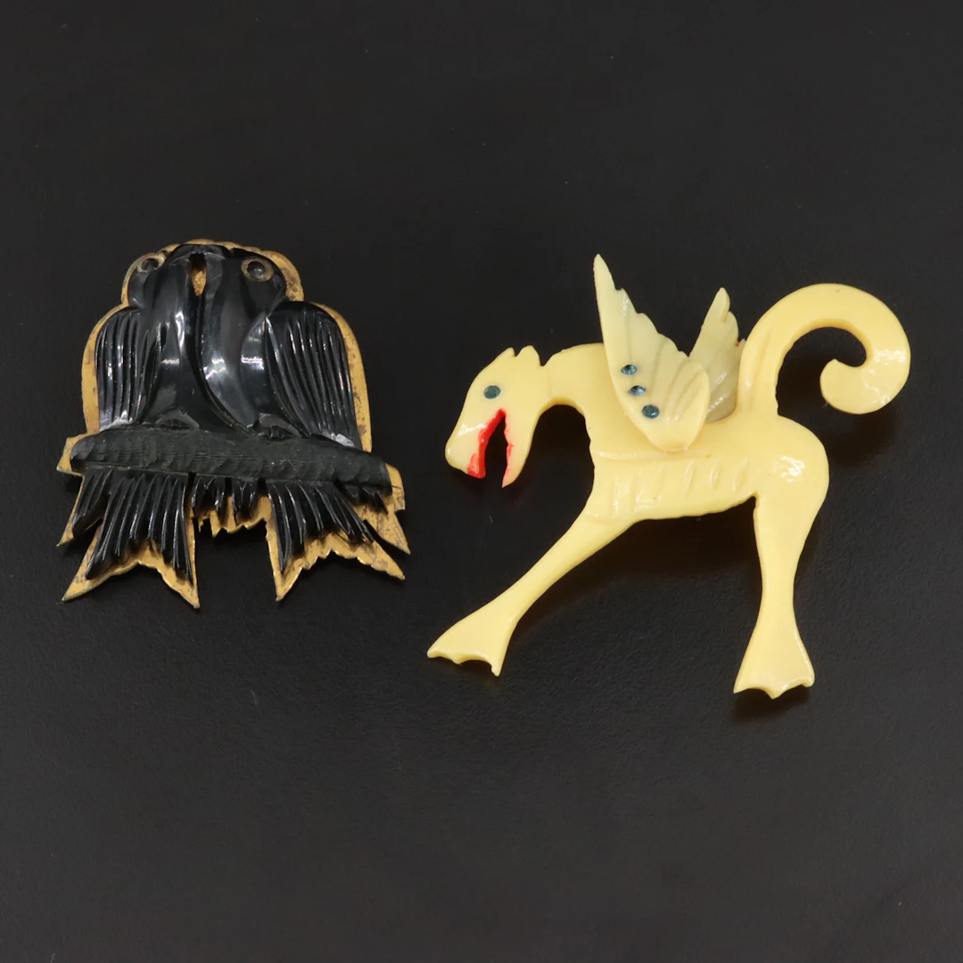 Vintage Early Plastic Celluloid & Rhinestone Griffin & Carved Bakelite