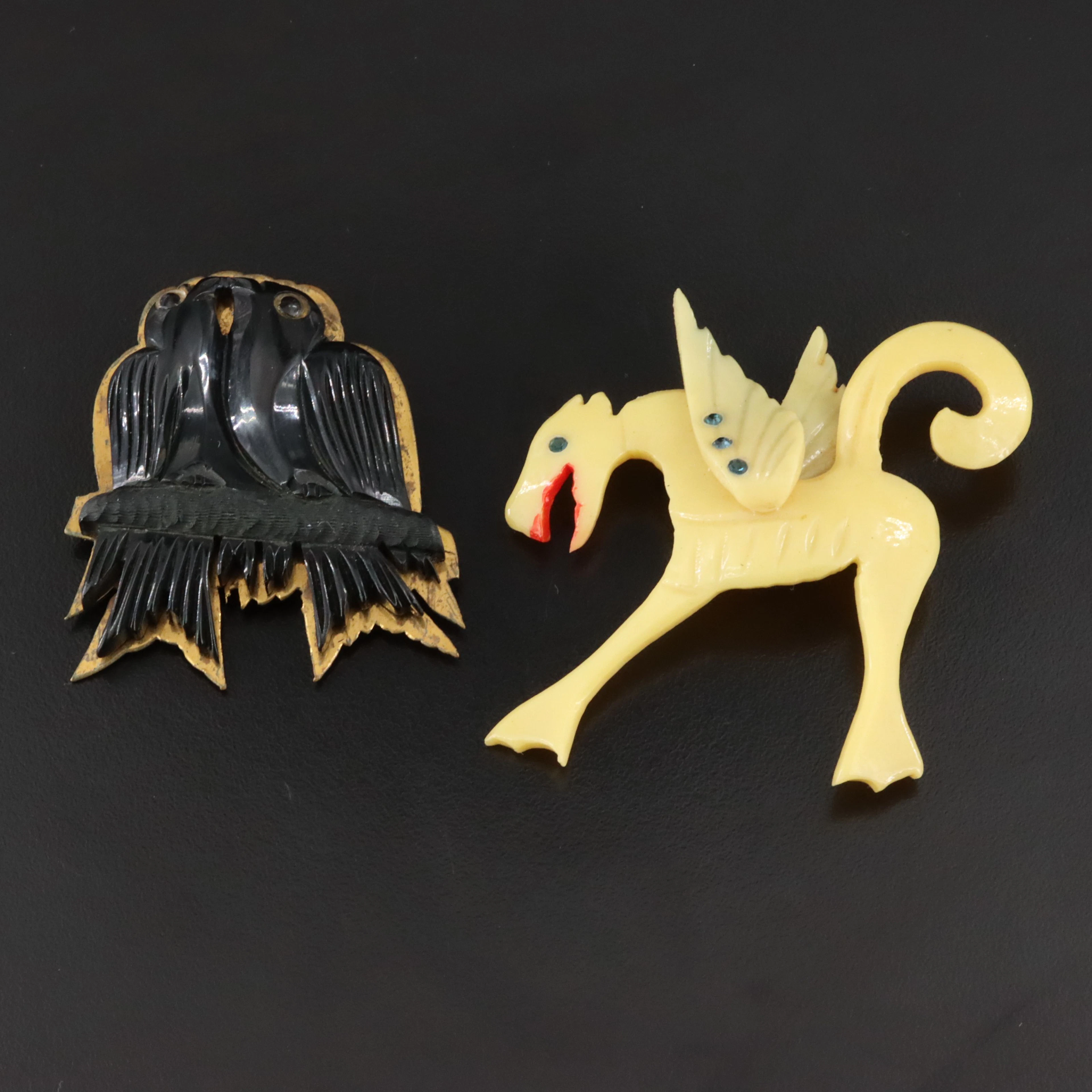 Vintage Early Plastic Celluloid & Rhinestone Griffin & Carved Bakelite