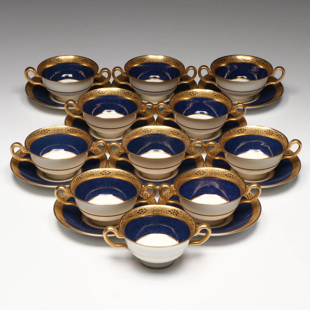 Vintage Spode Gilt & Cobalt Porcelain Cream Soup Cups with Saucers, Mid-20th C.