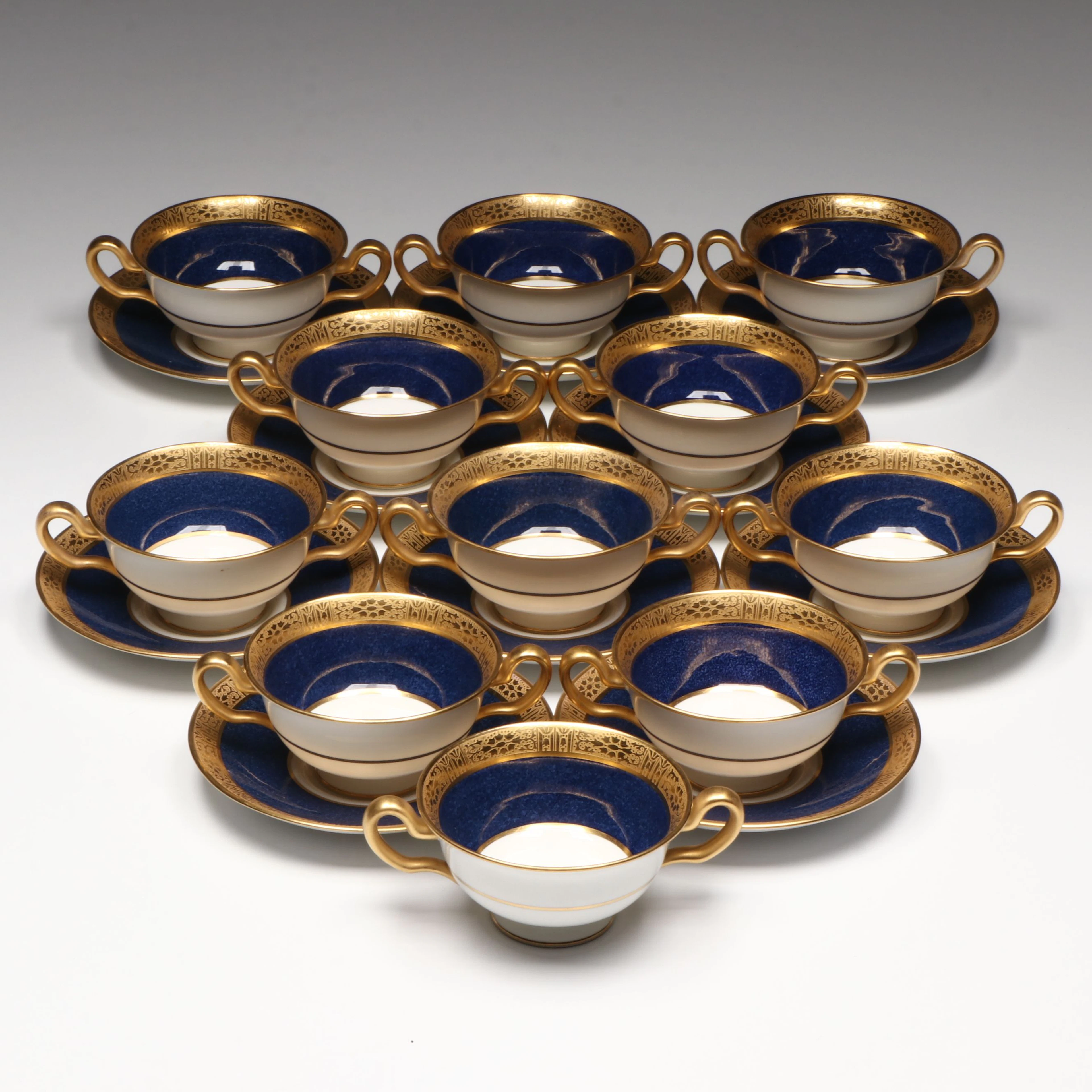 Vintage Spode Gilt & Cobalt Porcelain Cream Soup Cups with Saucers, Mid-20th C.