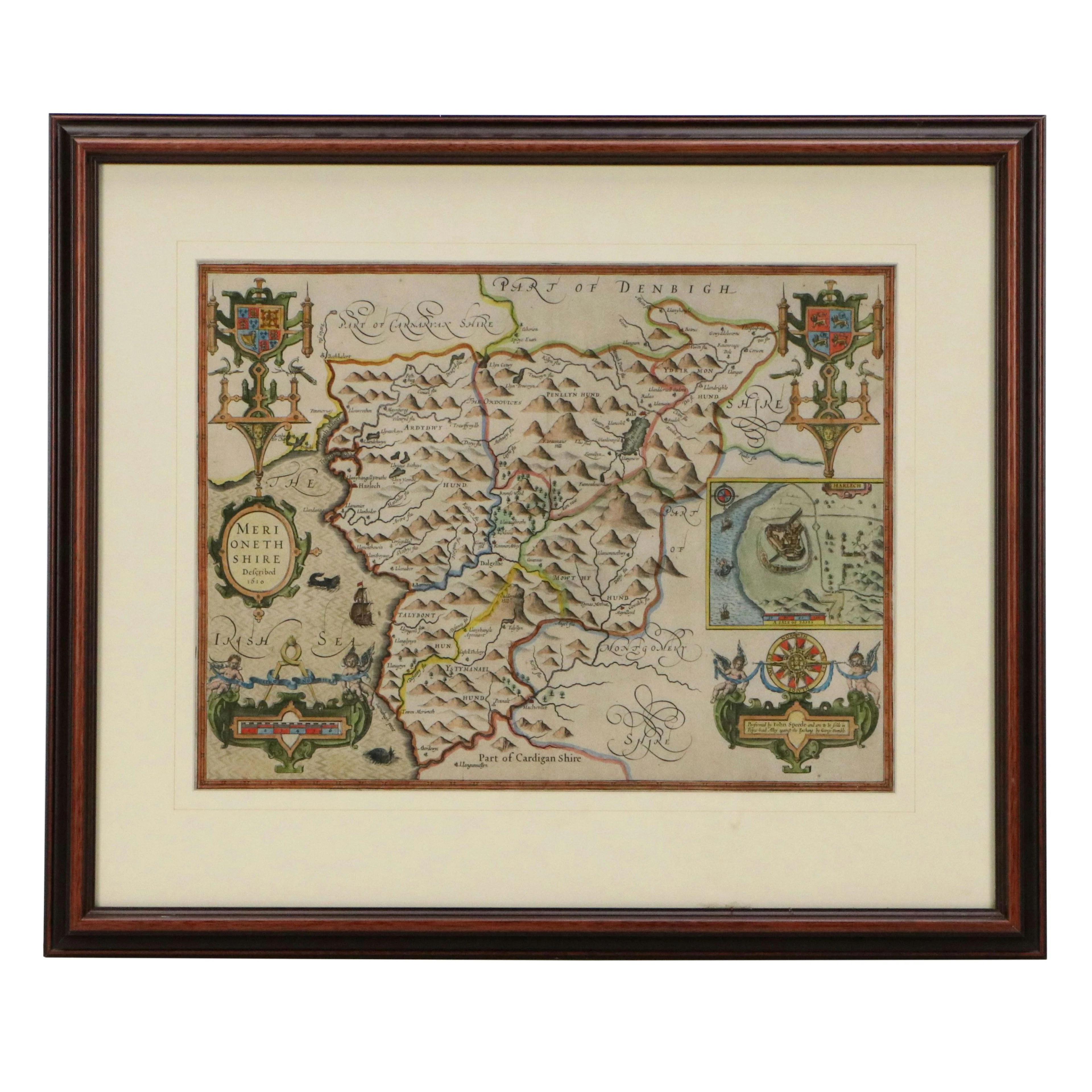 After John Speed Hand-Colored Engraving of 1610 Map of Merionethshire