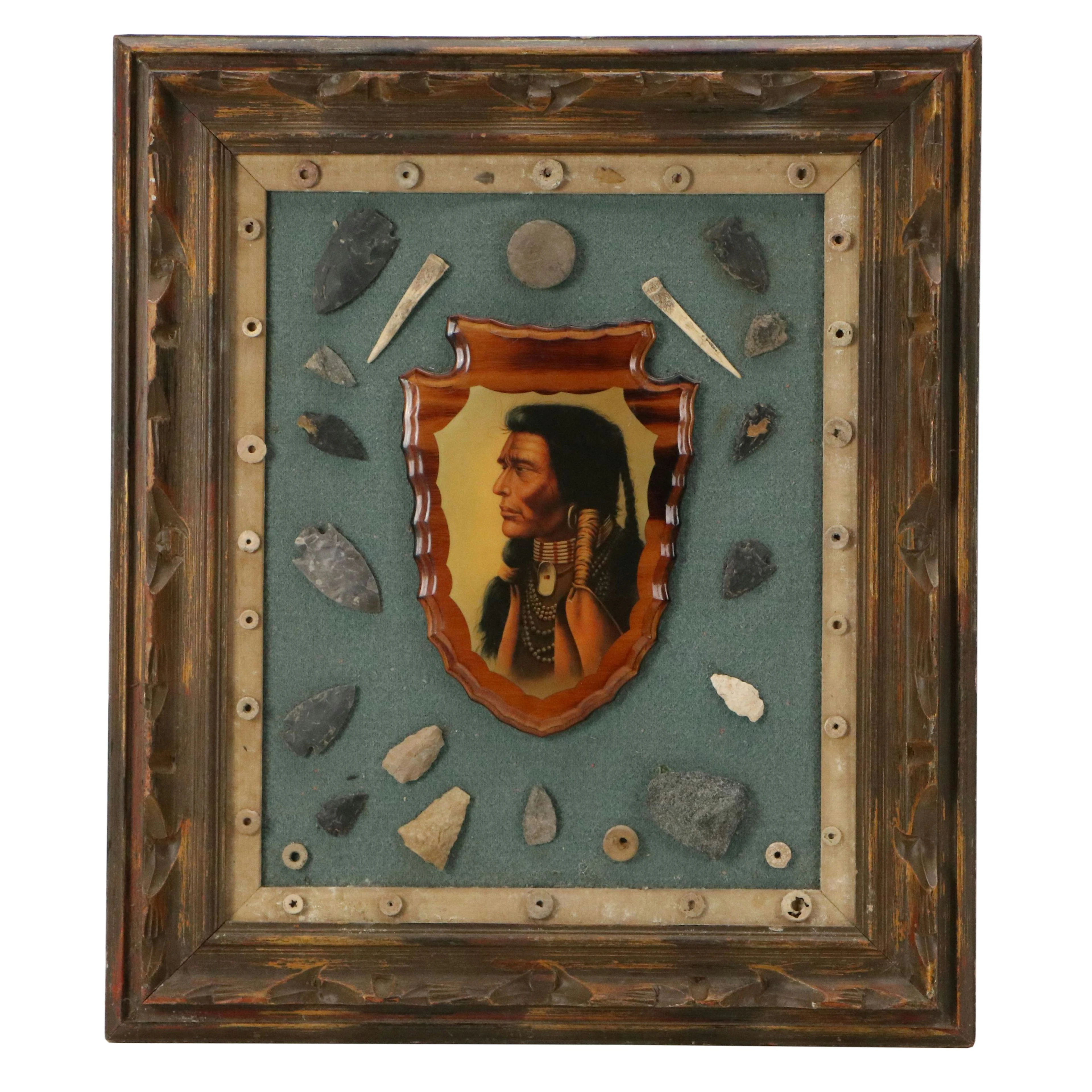 Offset Lithograph of Native American Man Framed with Arrowheads and Artifacts