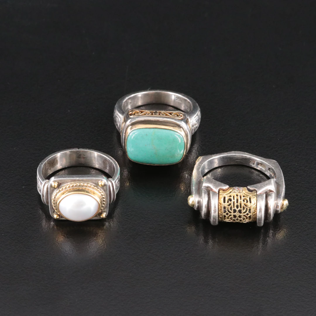 Sterling Pearl, Turquoise and Filigree Rings with 18K Accents