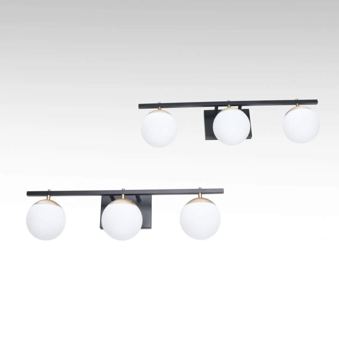 Pair of Black and Gold Finish Three-Arm Vanity Lights