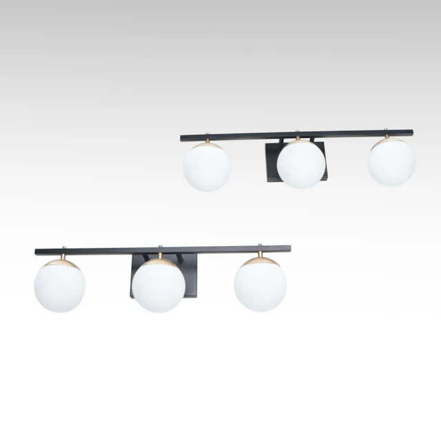 Pair of Black and Gold Finish Three-Arm Vanity Lights