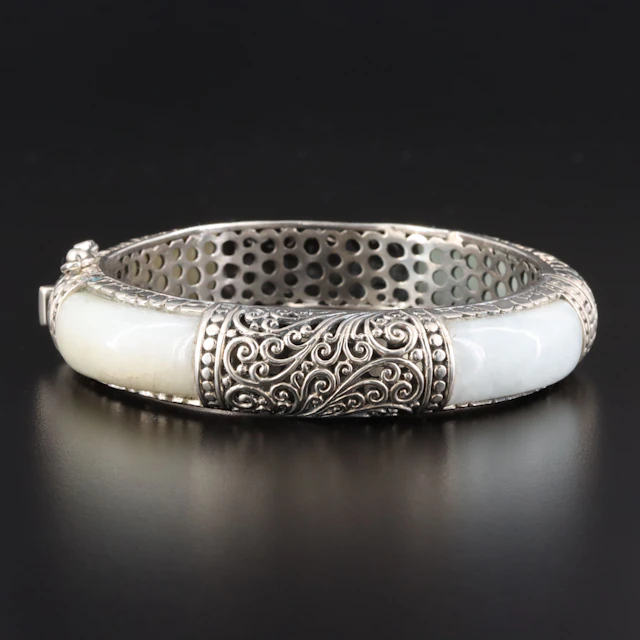 Bali Style Sterling Jadeite Openwork Hinged Bracelet