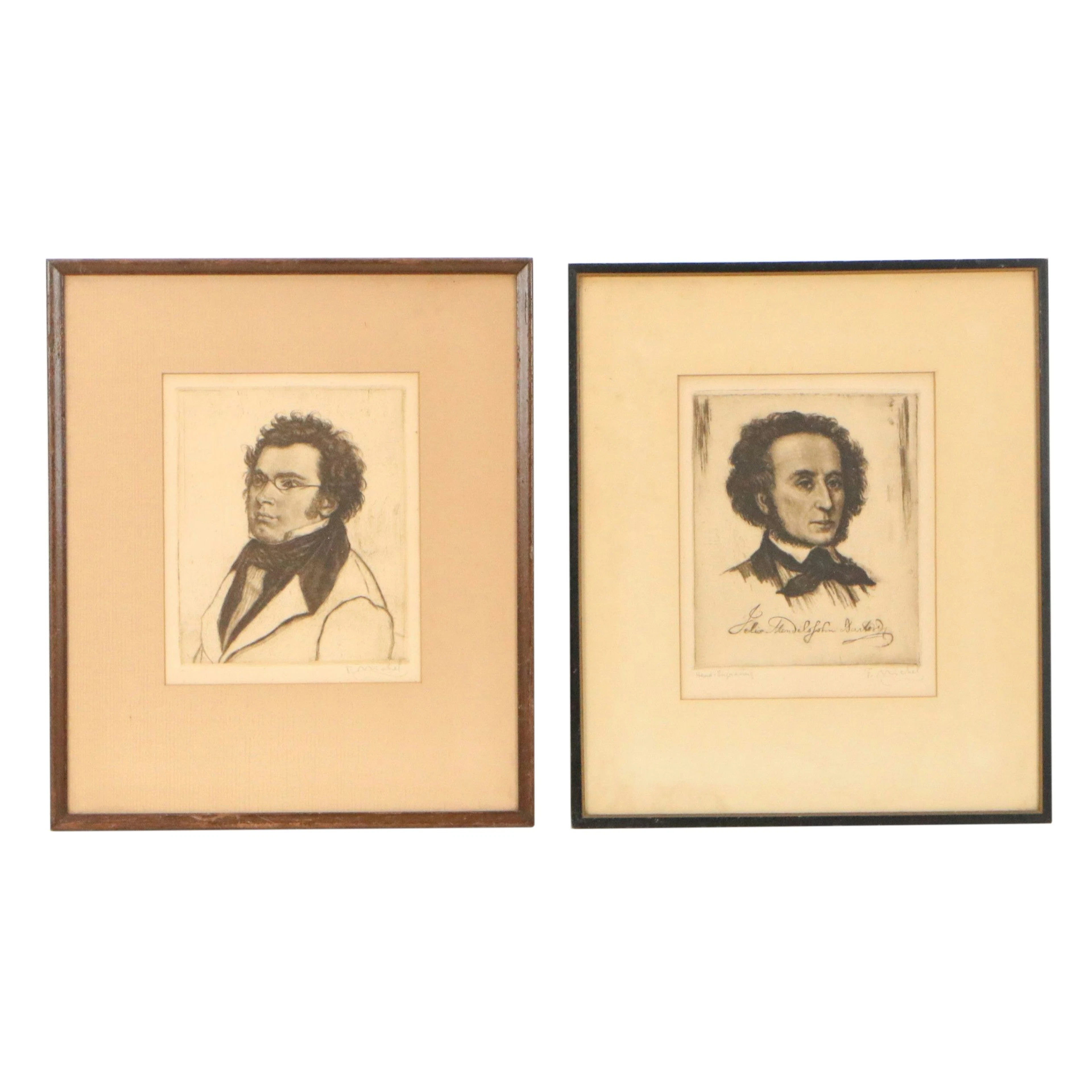 F. Michel Etchings "Franz Schubert" and "Felix Mendelssohn Bartholdy"