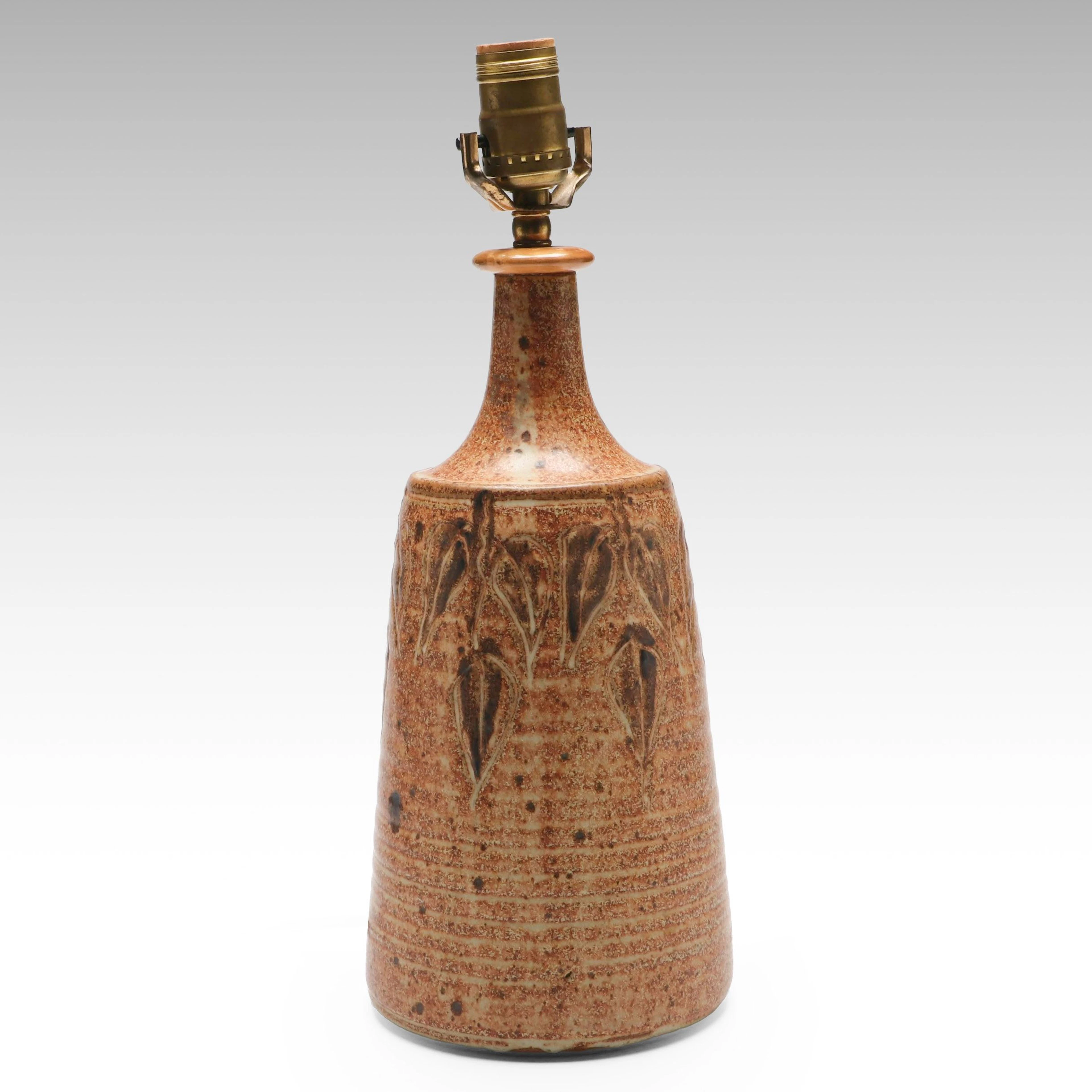 Mid-Century Studio Art Pottery Leaf Patterned Stoneware Table Lamp