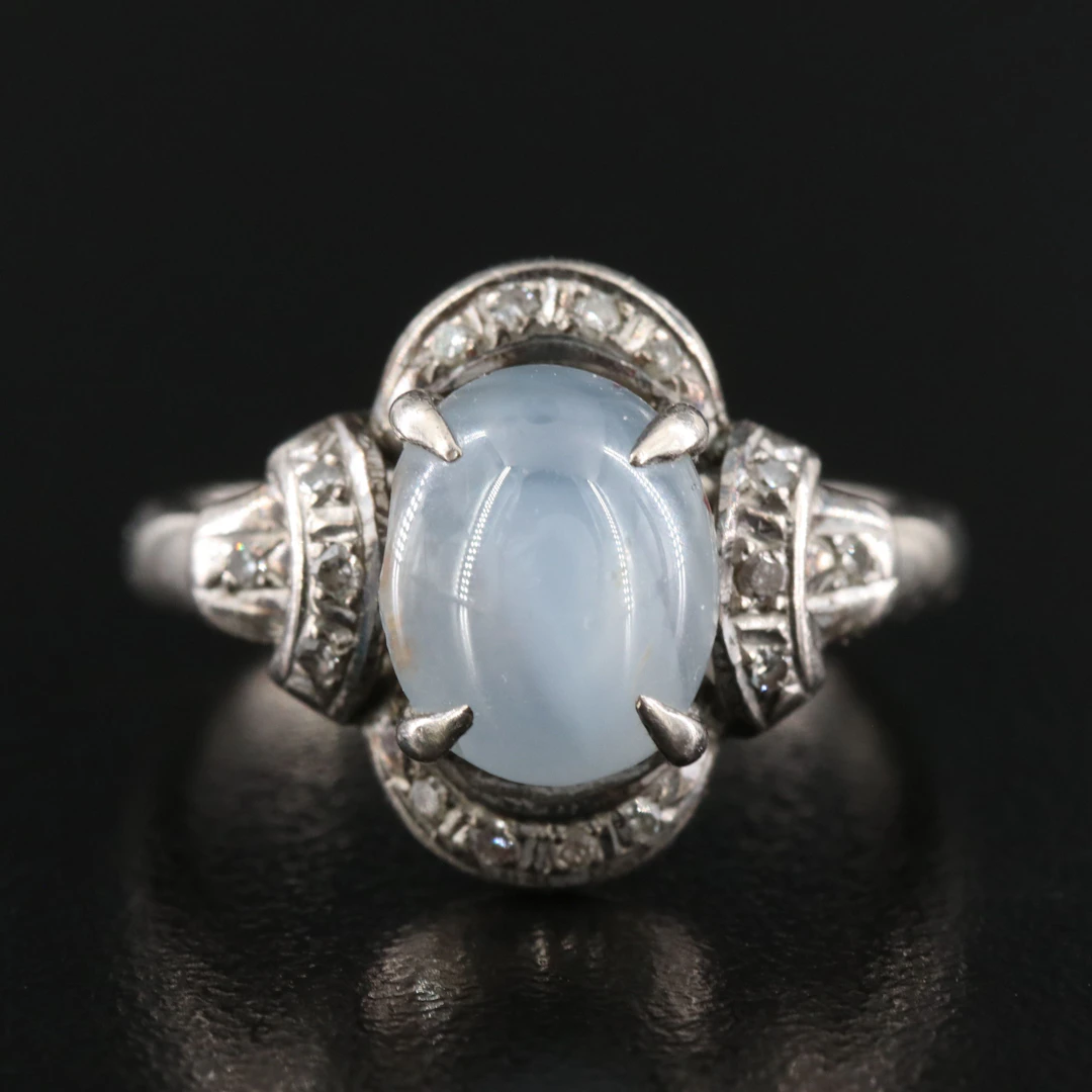 Vintage Bespoke Alloy 4.84 CT Star Sapphire and Diamond Ring