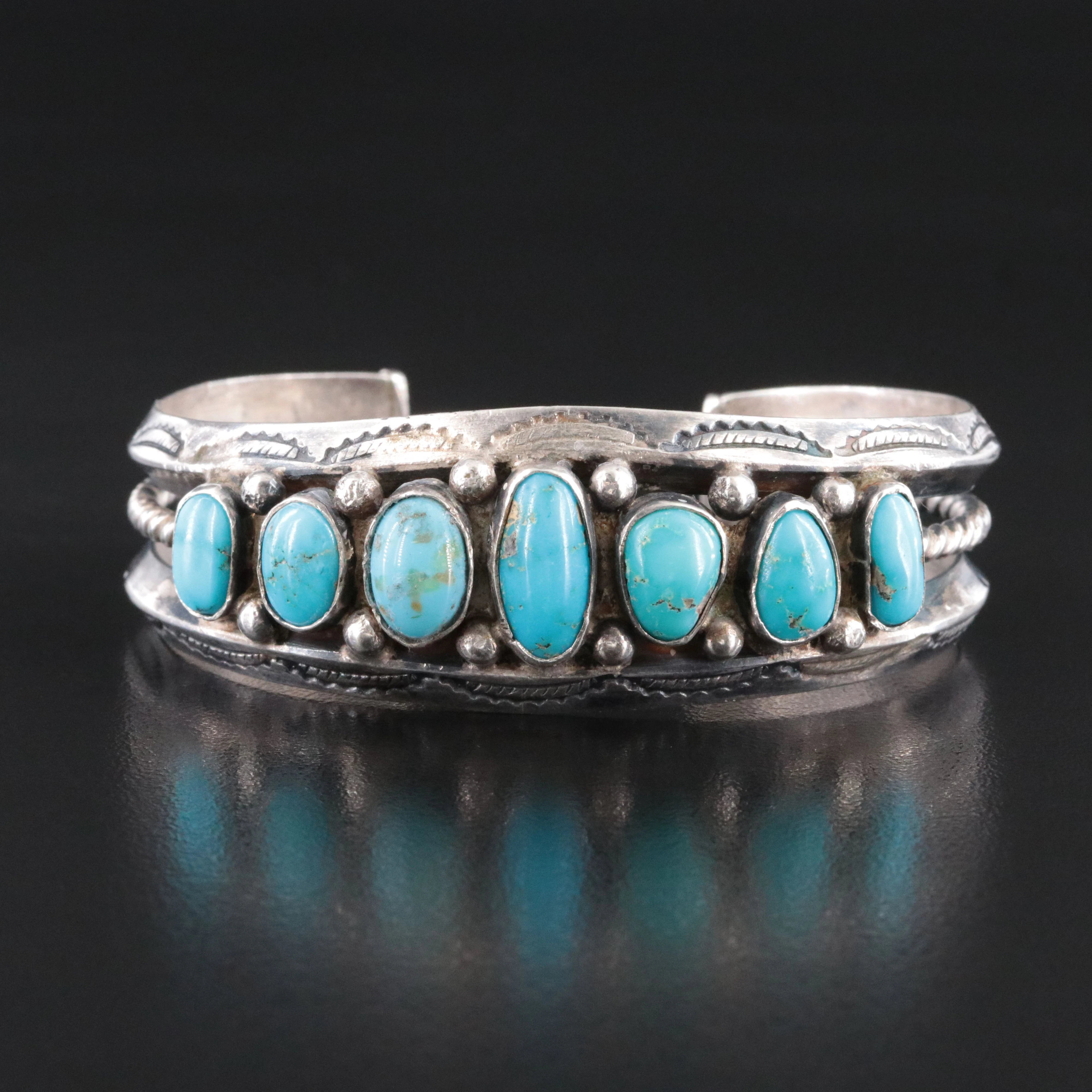 950 Silver Artist Signed Turquoise Cuff