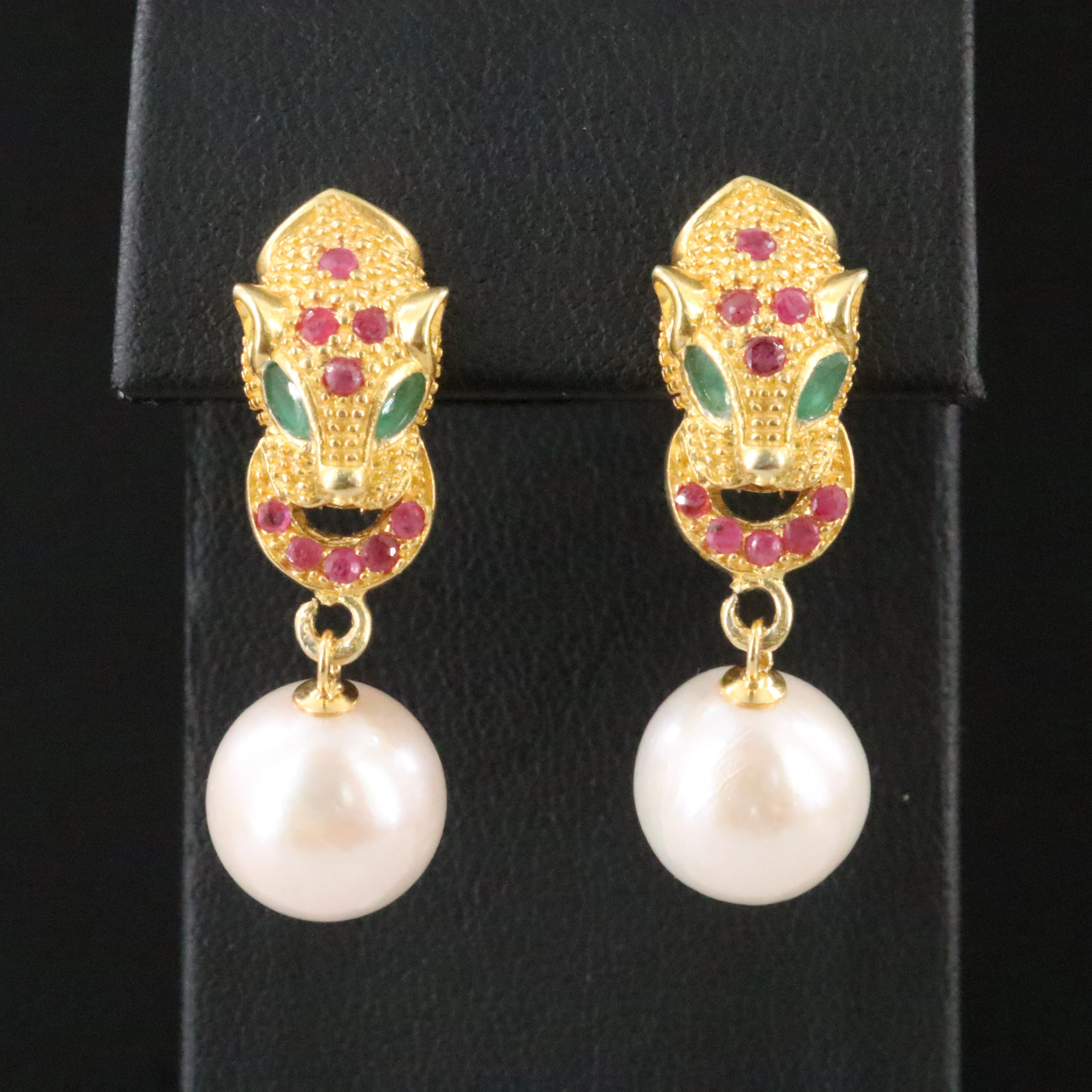 Sterling Pearl, Ruby and Emerald Leopard Earrings