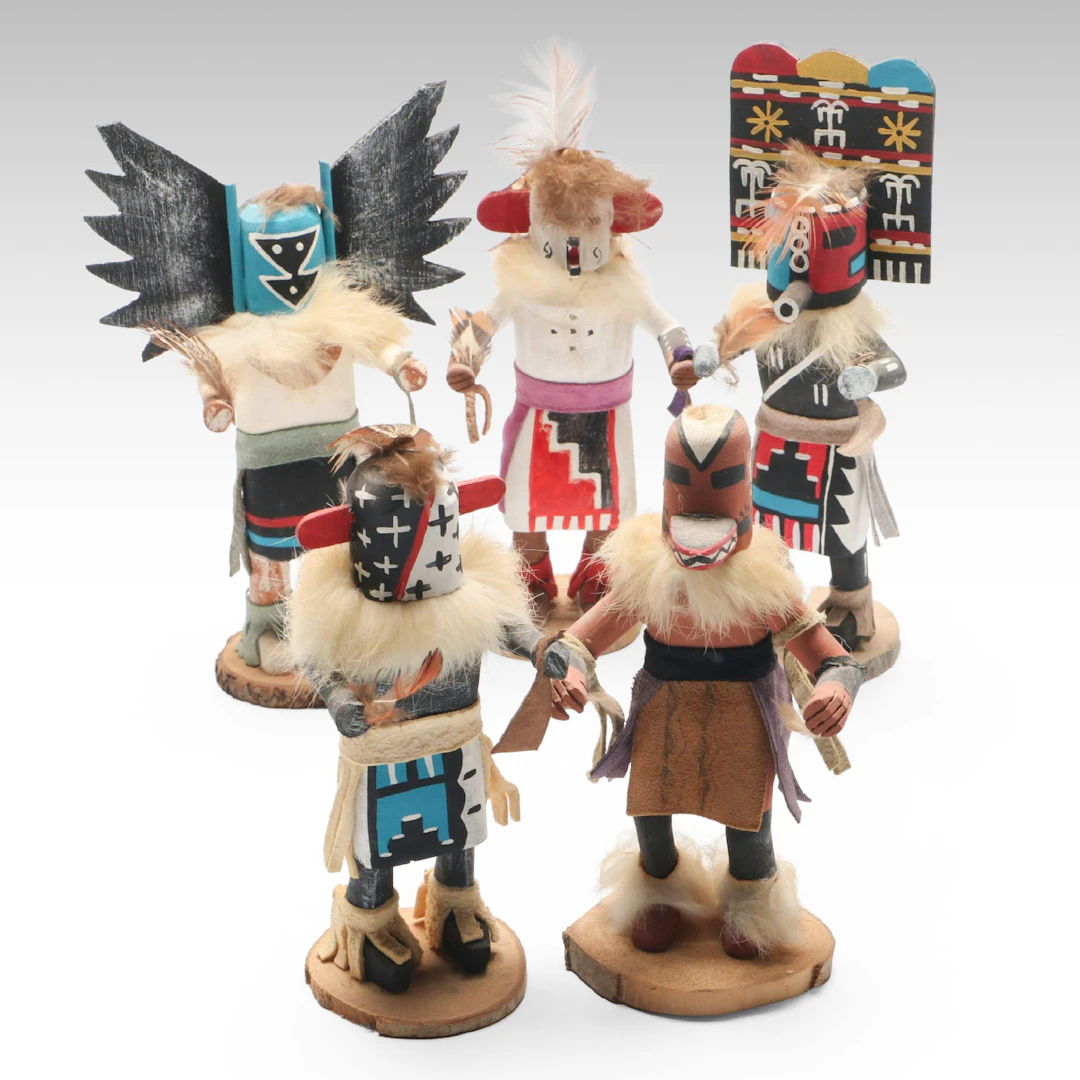 Signed "White Bear," "Mother Crow," "Zuni Hemis," and Other Kachinas