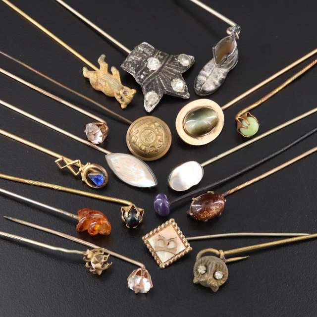 Collection of Stickpins Including Antique, Rhinestones and Mother-of-Pearl