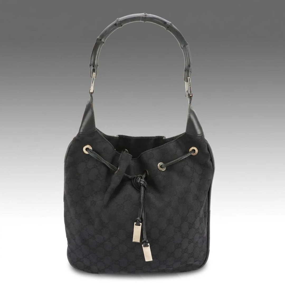 Gucci Bamboo Handle Drawstring Hobo Tote Bag in Black GG Canvas and Leather
