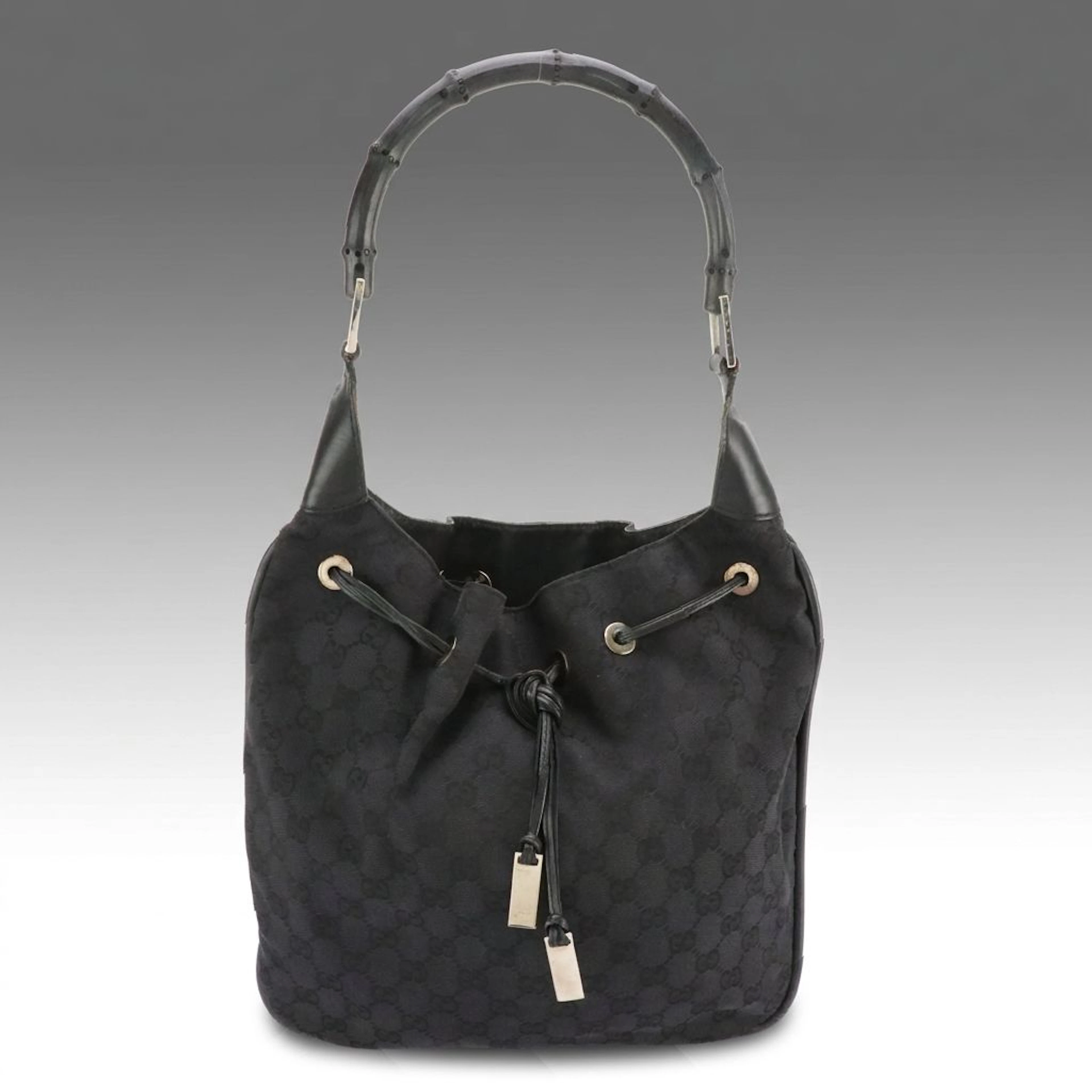 Gucci Bamboo Handle Drawstring Hobo Tote Bag in Black GG Canvas and Leather