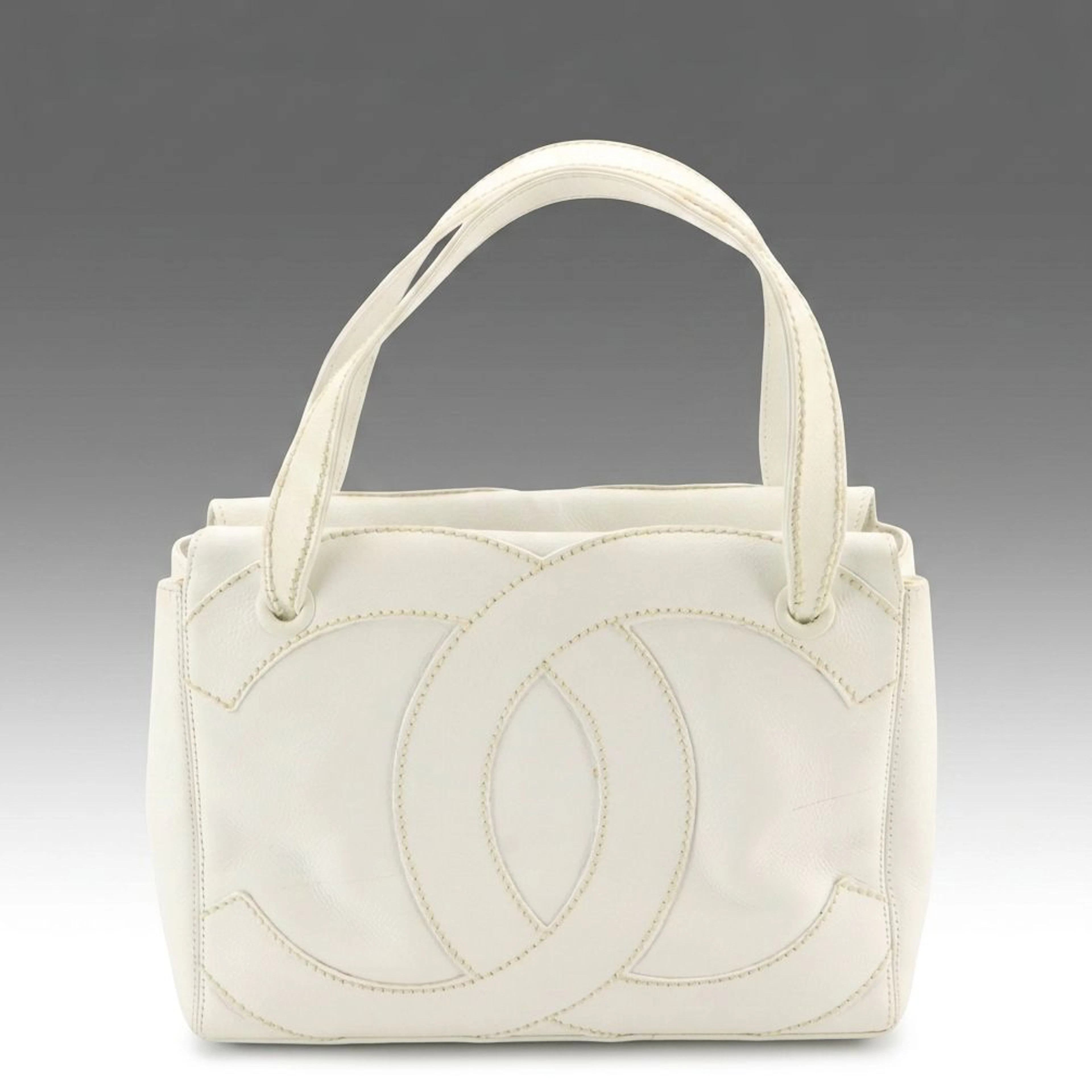Chanel Large Coco Stitched Tote Bag in White Caviar Leather