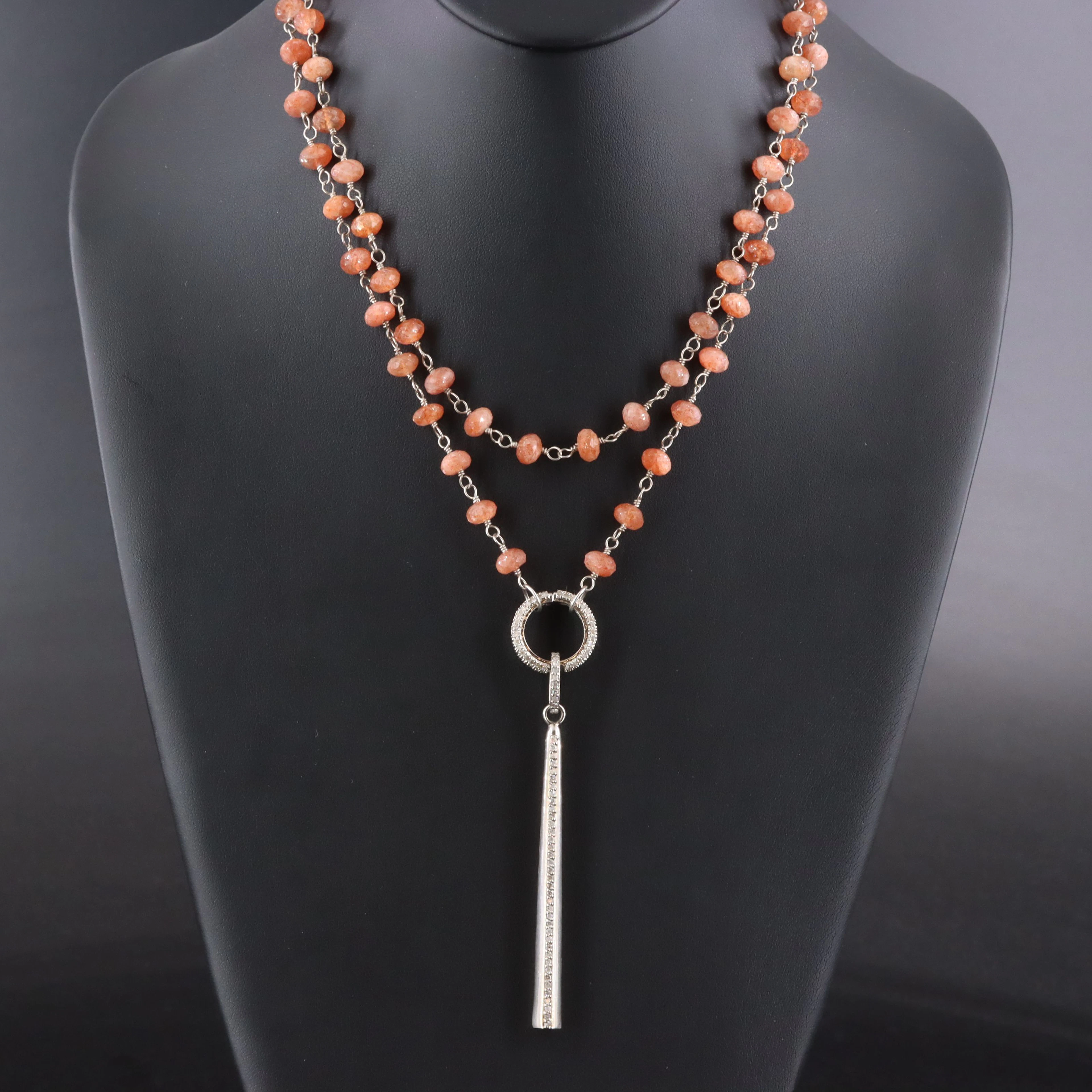 Sheryl Lowe Sterling Beaded Sunstone Necklace with Diamond Accented Pendant