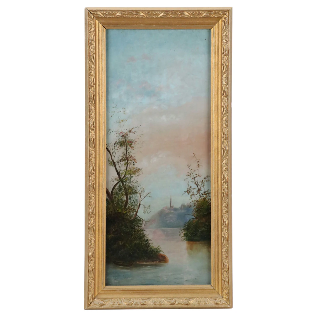 American School Oil Painting of Waterside Landscape, Circa 1880s