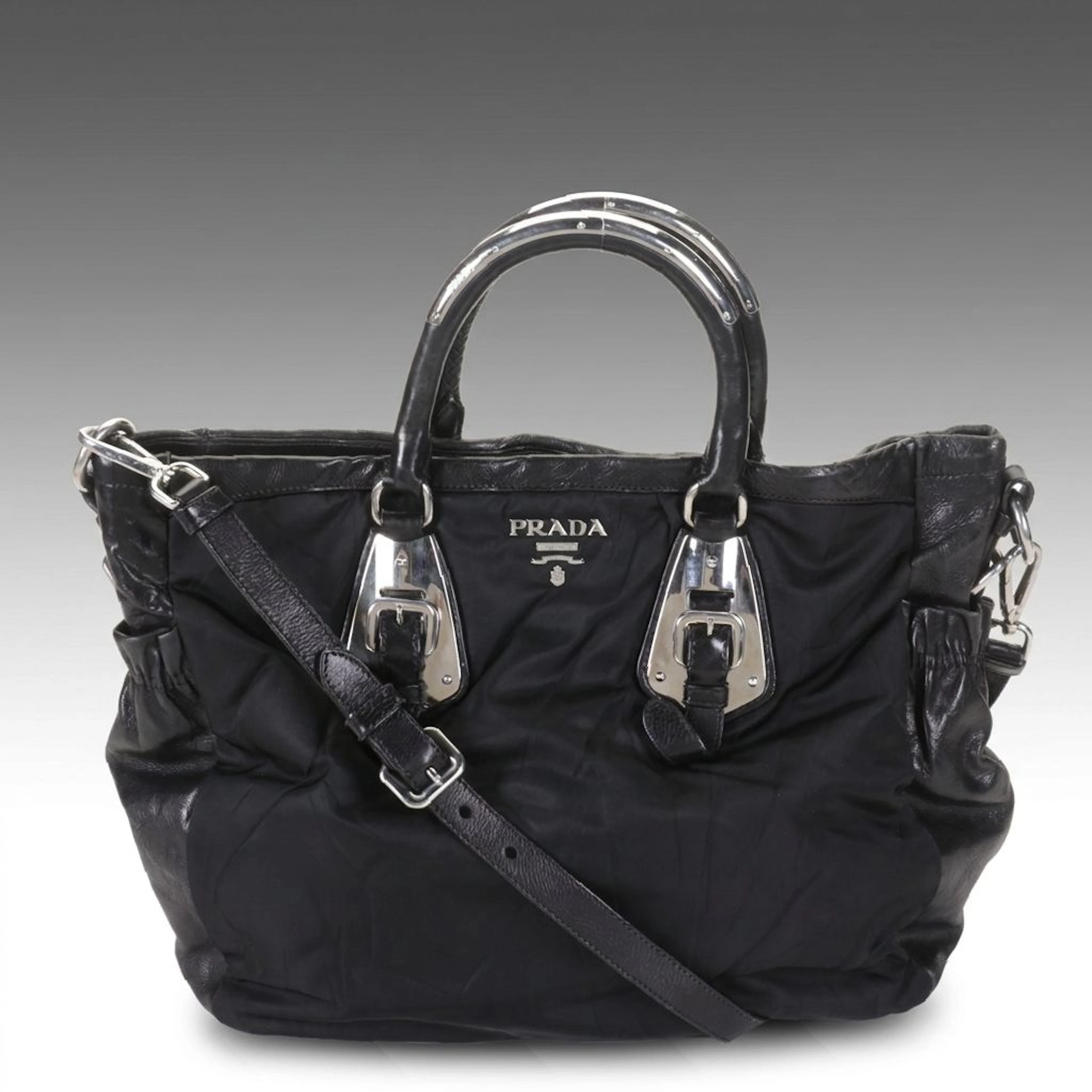 Prada Zippered Two-Way Satchel Bag in Black Tessuto Nylon and Leather Trim