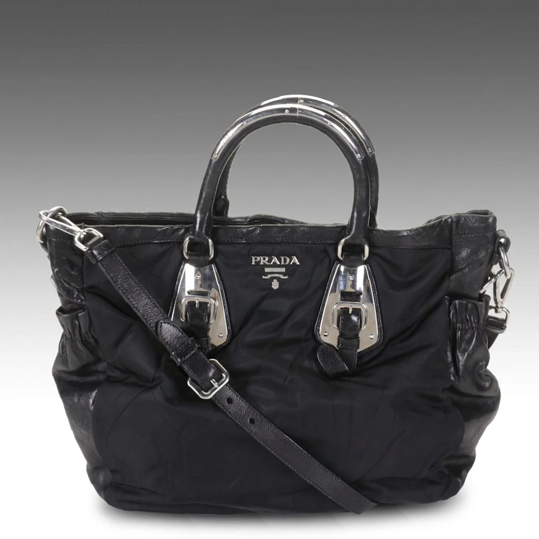 Prada Zippered Two-Way Satchel Bag in Black Tessuto Nylon and Leather Trim