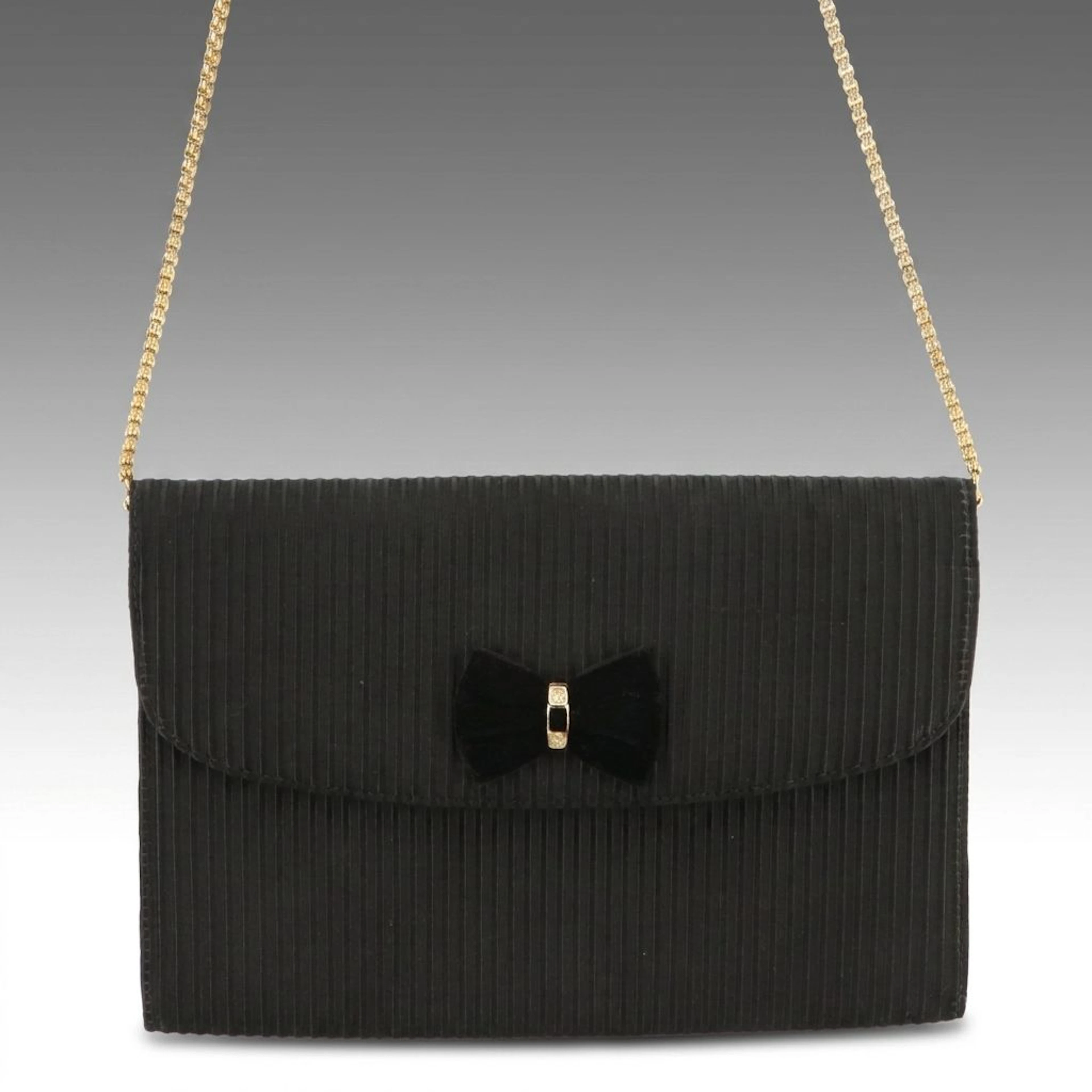 Gucci Black Ribbed Envelope Flap Evening Bag with Embellished Velvet Bow