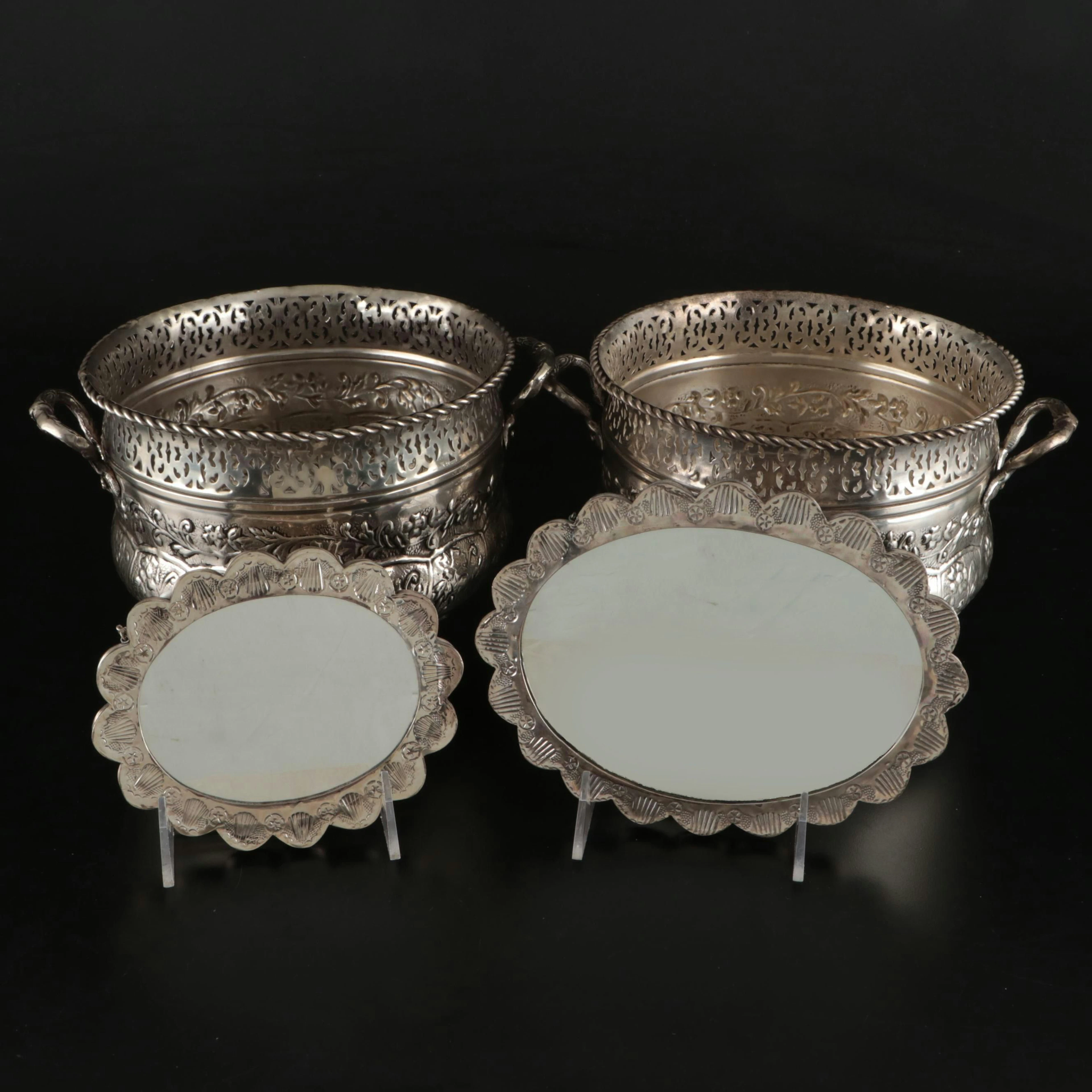 Indian Repoussé Silver Plate Urli Bowls and Turkish 900 Silver Wedding Mirrors