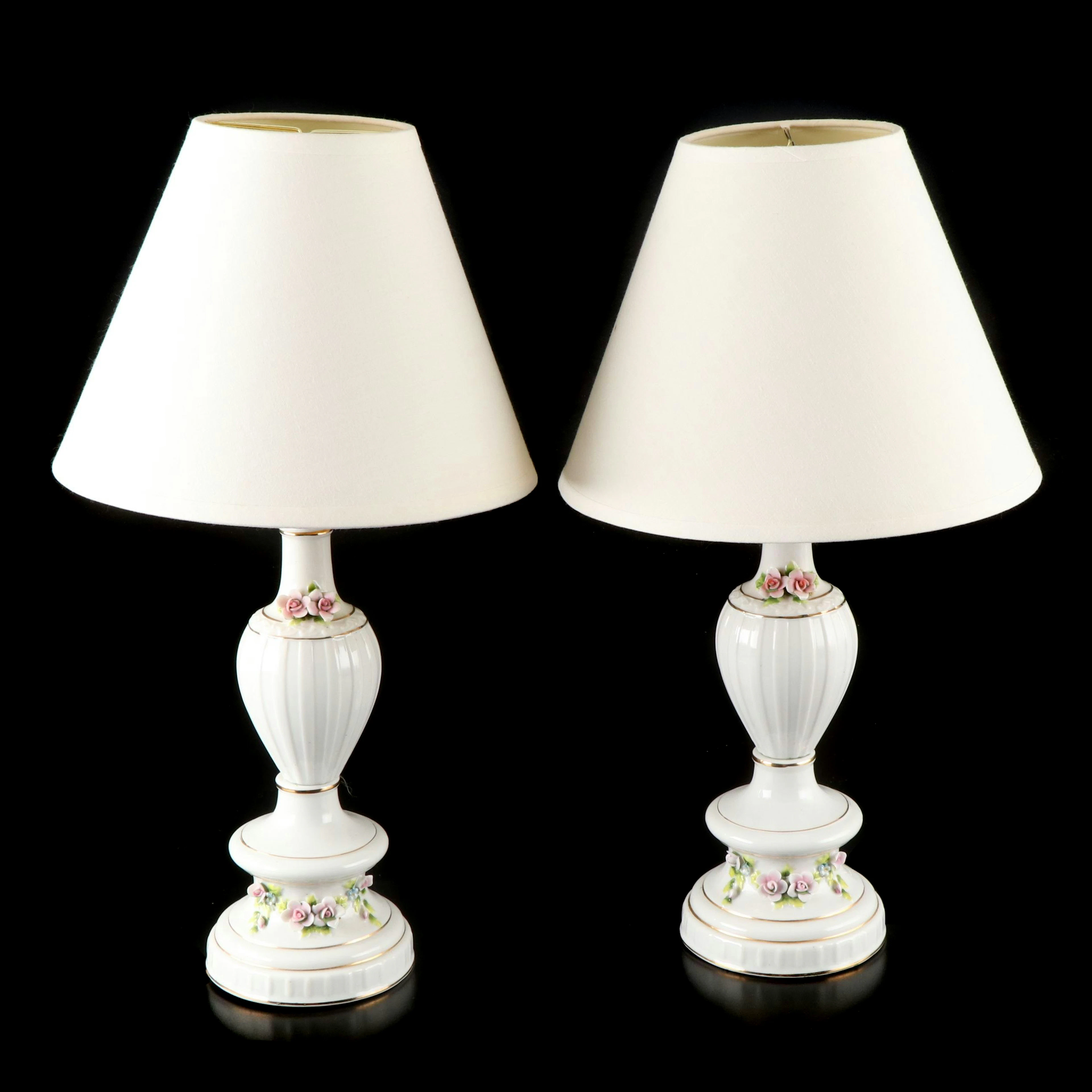 Pair of Capodimonte Style Porcelain with Roses Table Lamps with Cotton Shades