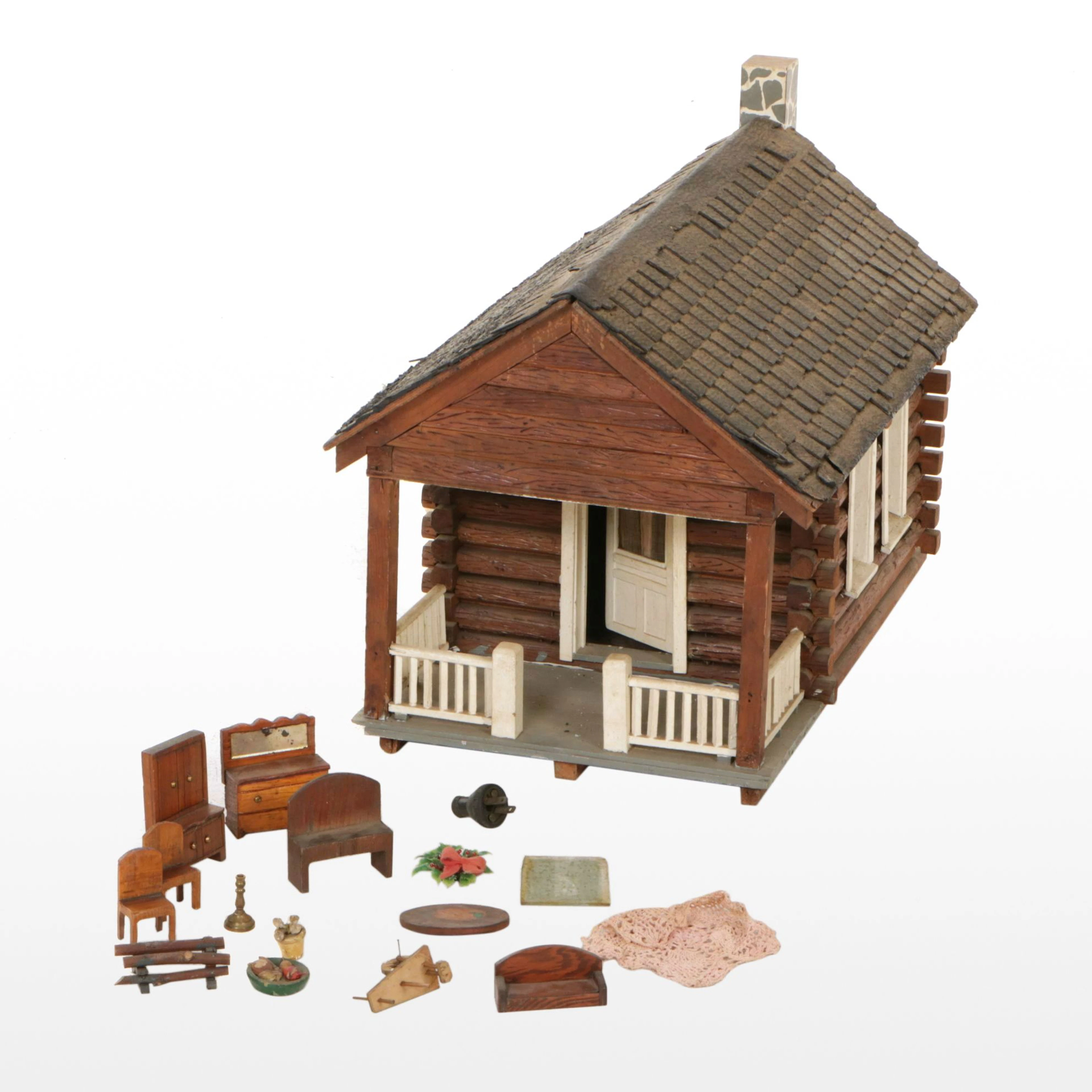 Miniature Log Cabin with Doll House Furniture and Accessories