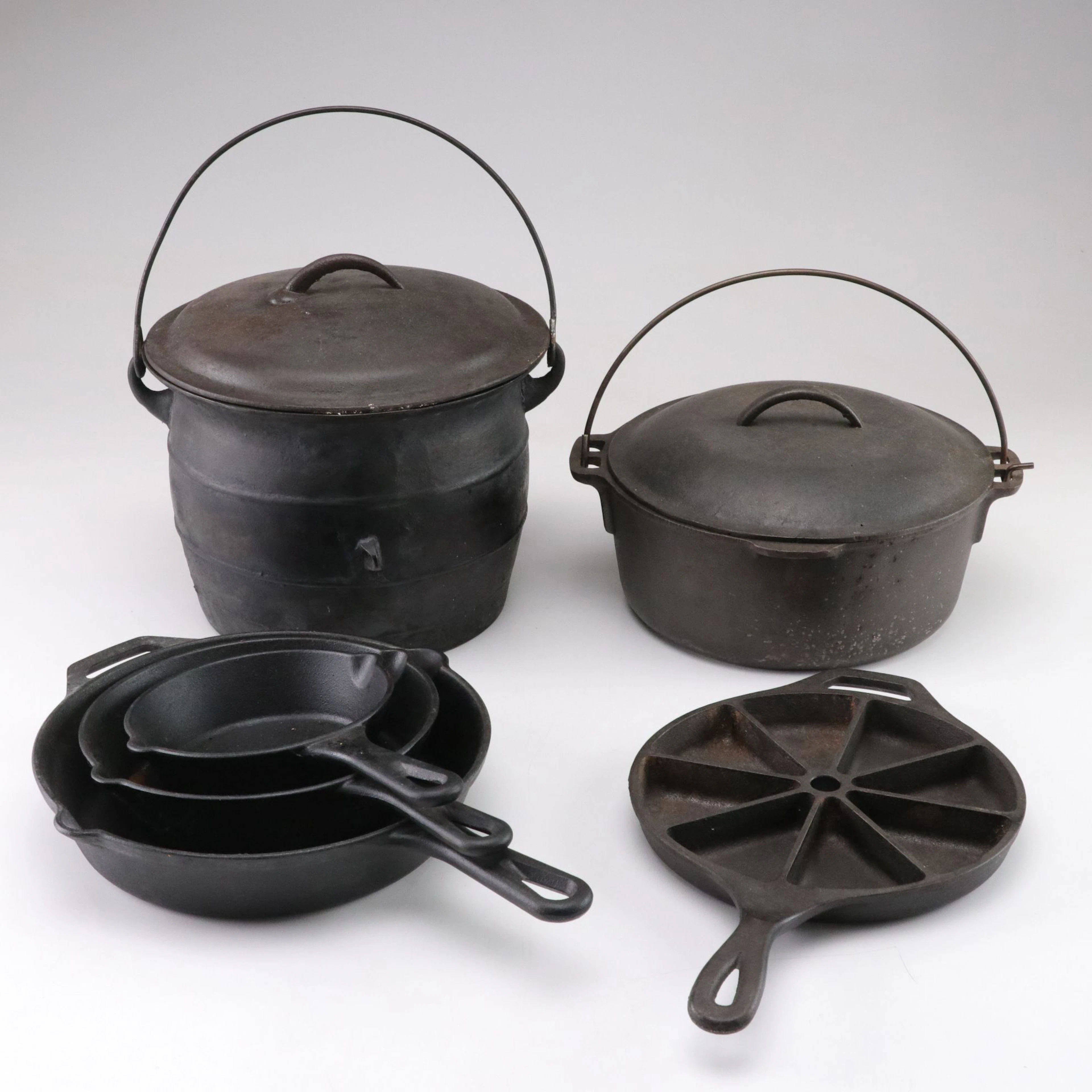 Cast Iron Frying Pans, Cauldron, Cornbread Pan, and Camp Pot