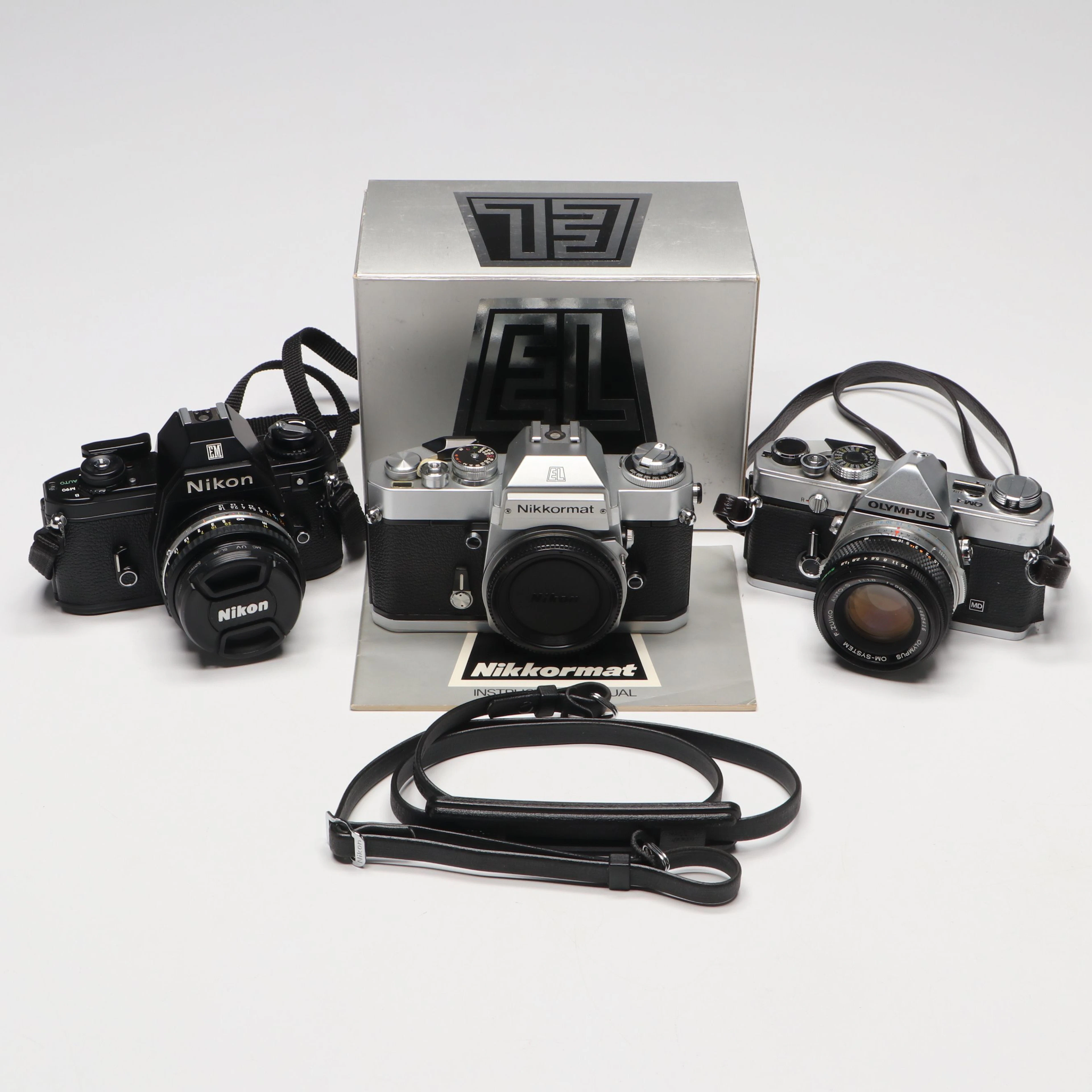 Nikon EM and "Nikkormat EL" with Olympus OM-1 Film Cameras
