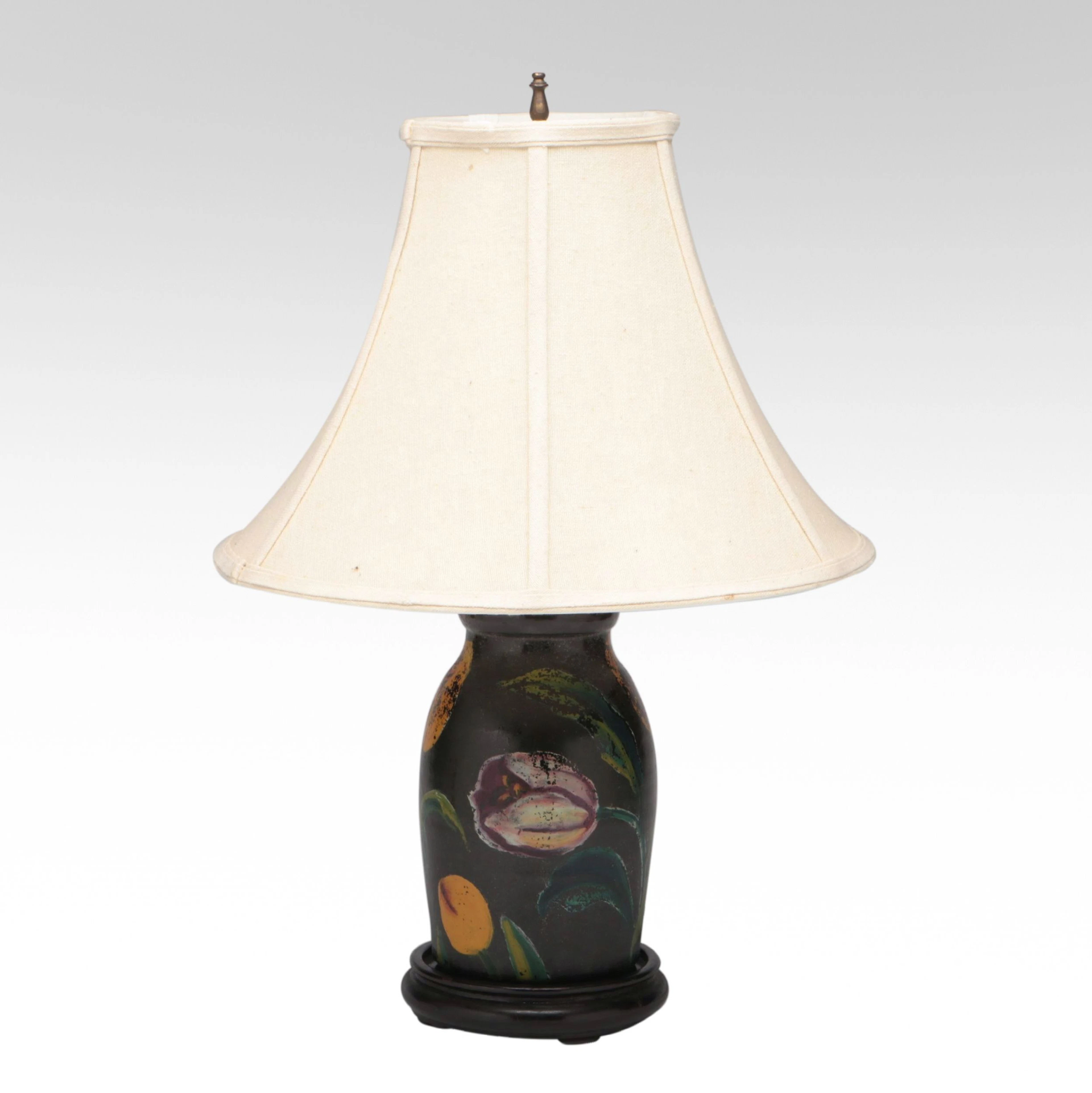 Rustic Studio Pottery Hand-Painted Tulip Stoneware Crock Table Lamp