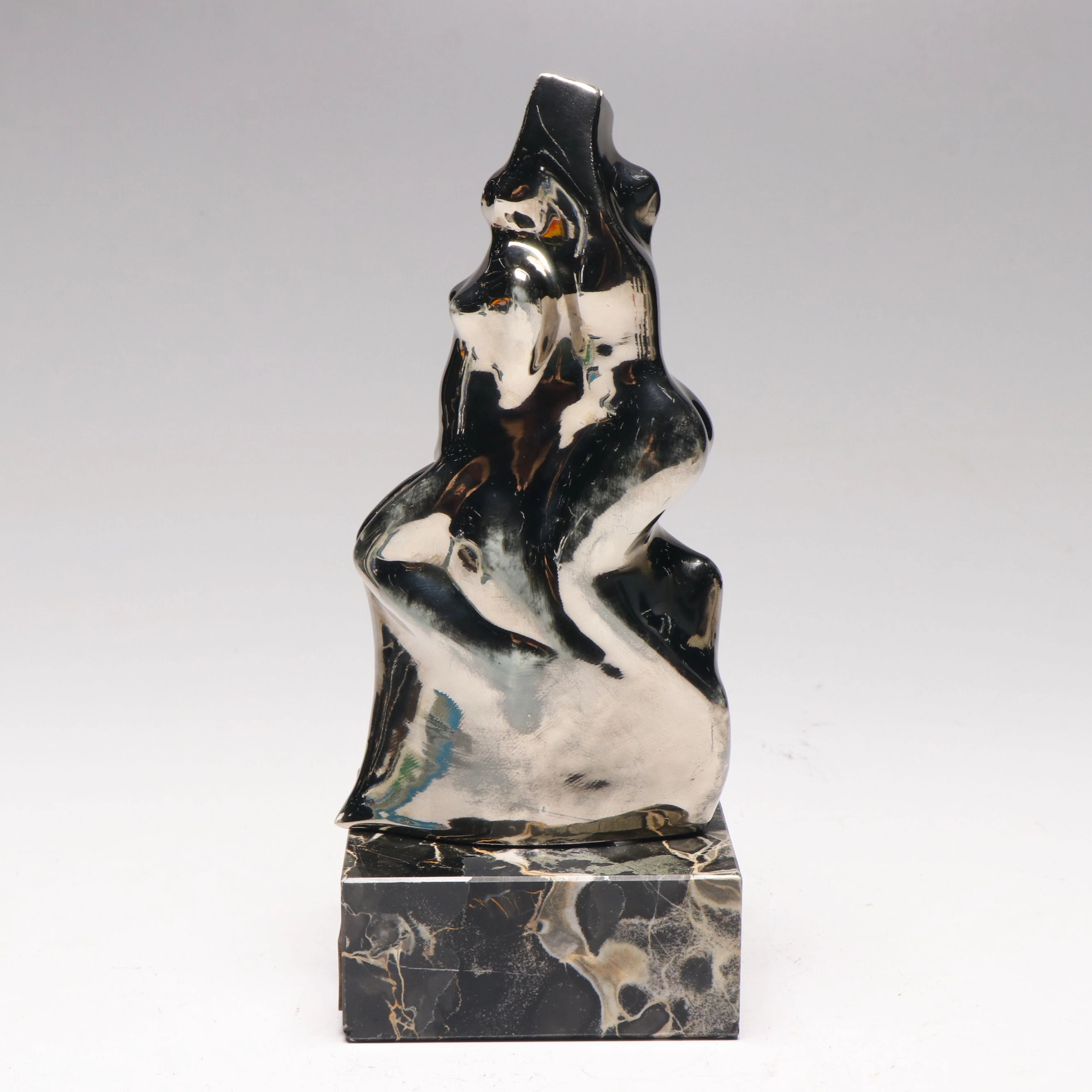 Chrome Finish Abstract Ceramic Sculpture on Marble Base